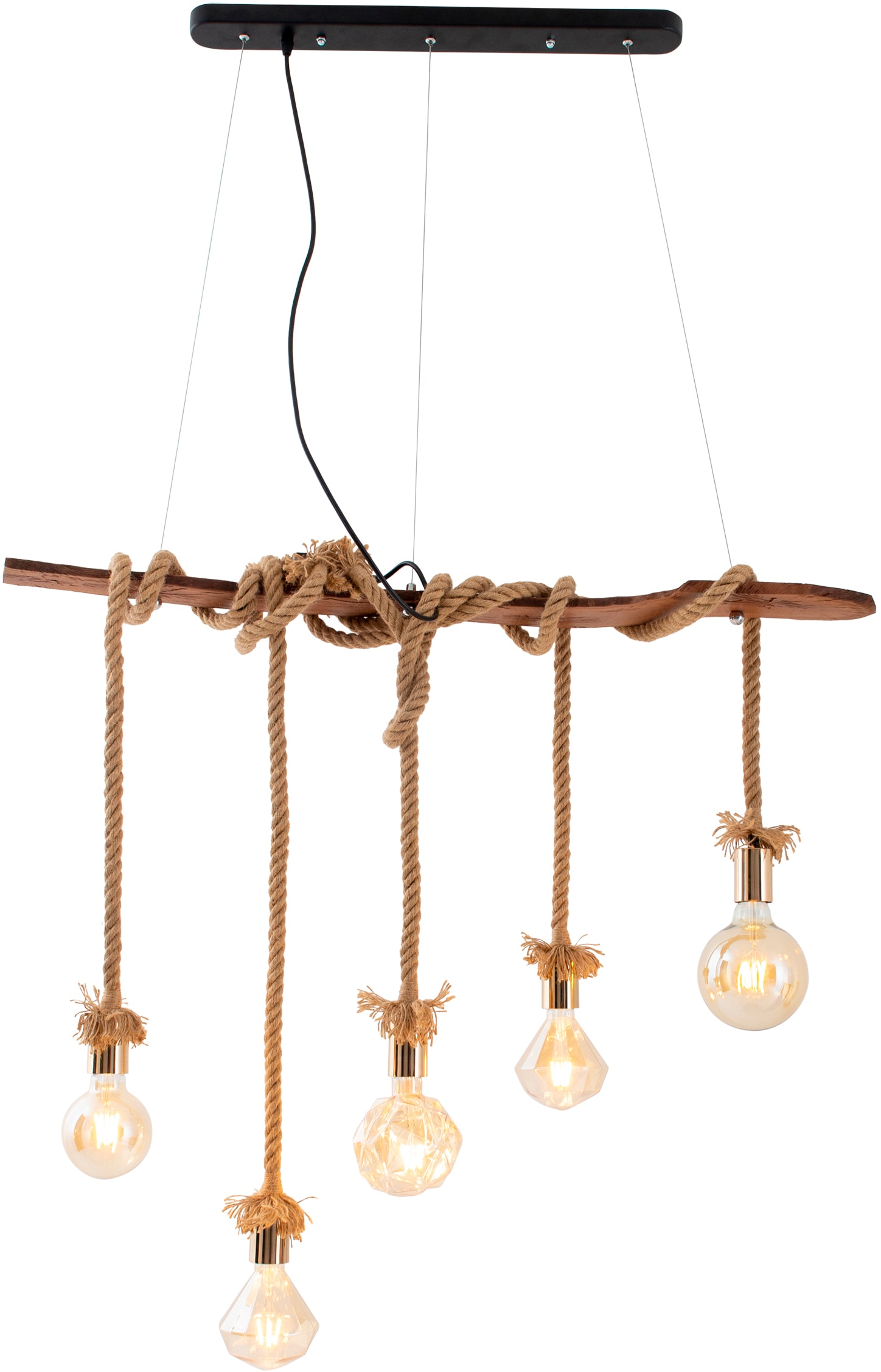 näve Pendelleuchte »Rope«, 5 flammig, Leuchtmittel E27 | ohne Leuchtmittel-Leuchtmittel wechselbar, An den Schrauben höhenverstellbar, Holz/Metall/Kunststoff/Juteseil