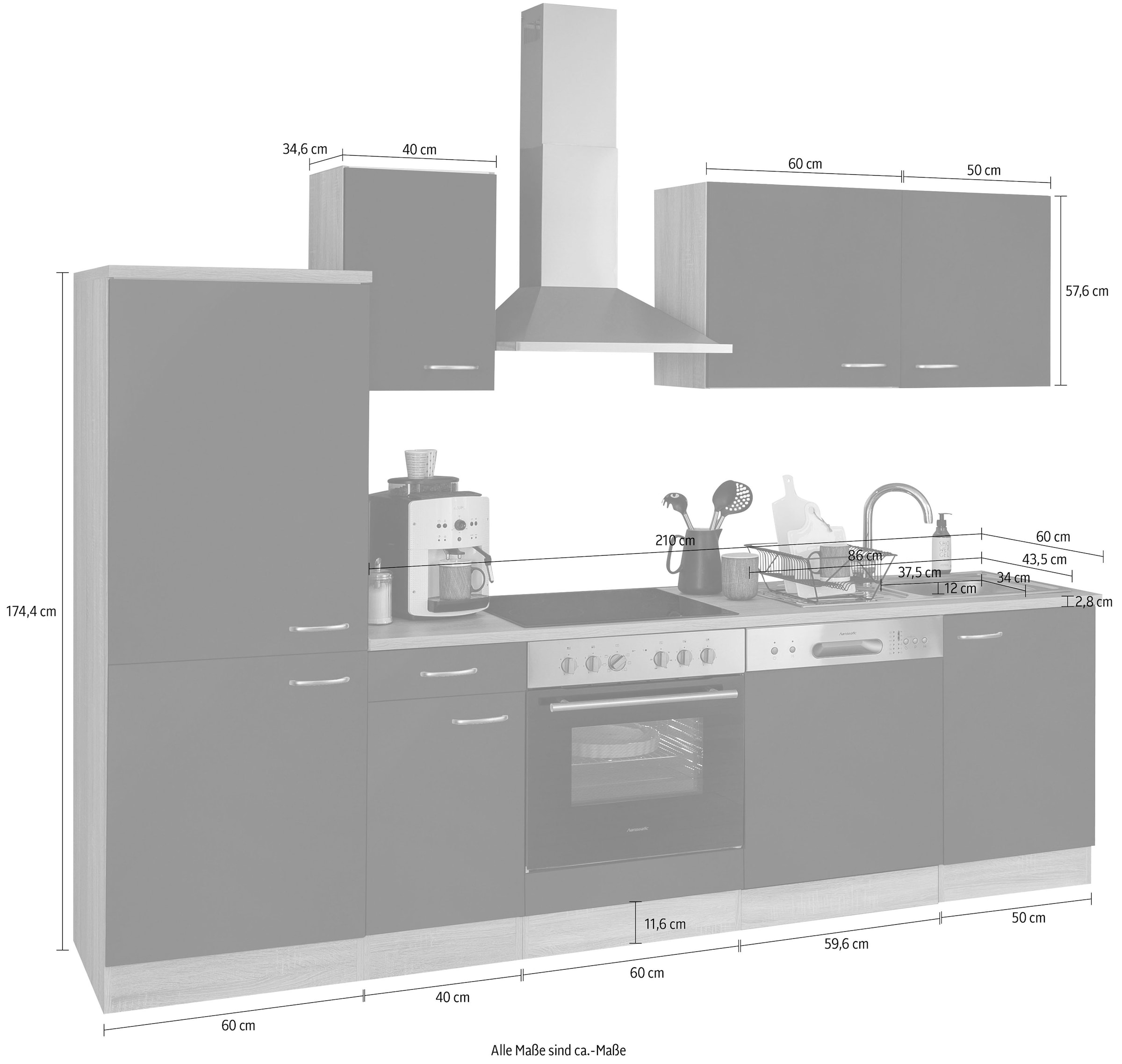 OPTIFIT Küchenzeile »Parare Breite 210 oder 270 cm«, mit Hanseatic E-Geräten, wahlweise mit Kühlschrank inkl. Umbau