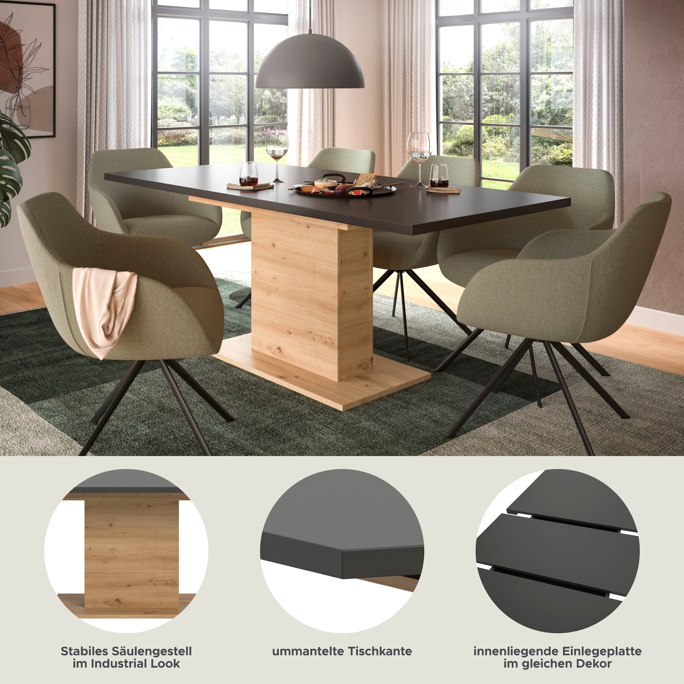 INOSIGN Esstisch »Motus, ausziehbar 150 -190 cm, inklusive 40 cm Einlegeplatte«, (Set, 1 St.), Säulengestell mit Bodenplatte, Tisch, Küchentisch, Esszimmer, Küche