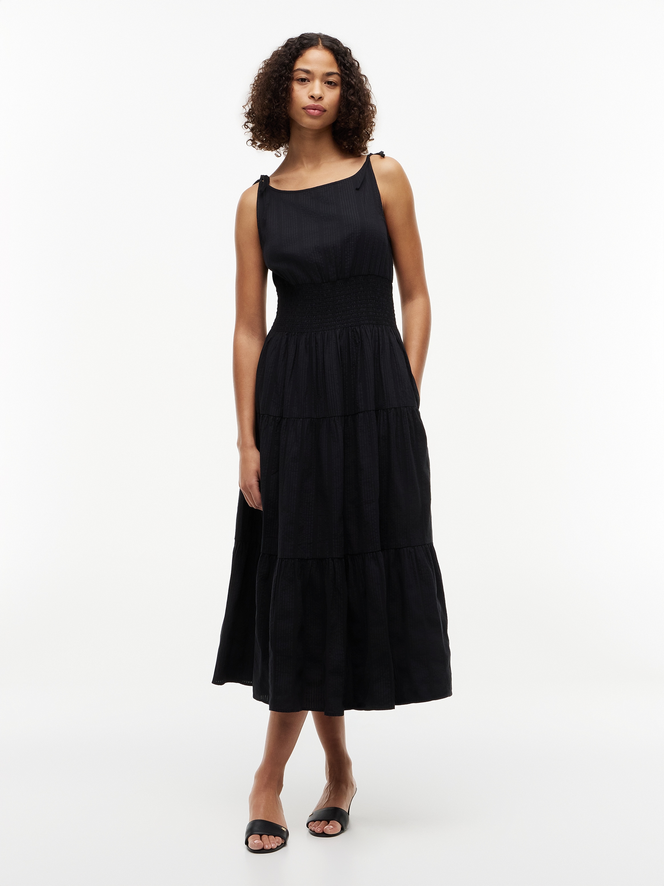 Tommy Hilfiger Trägerkleid »SMOCK TIE NS MIDI DRESS« Ohne Tasche Baumwollmischung, Smok-Einsatz