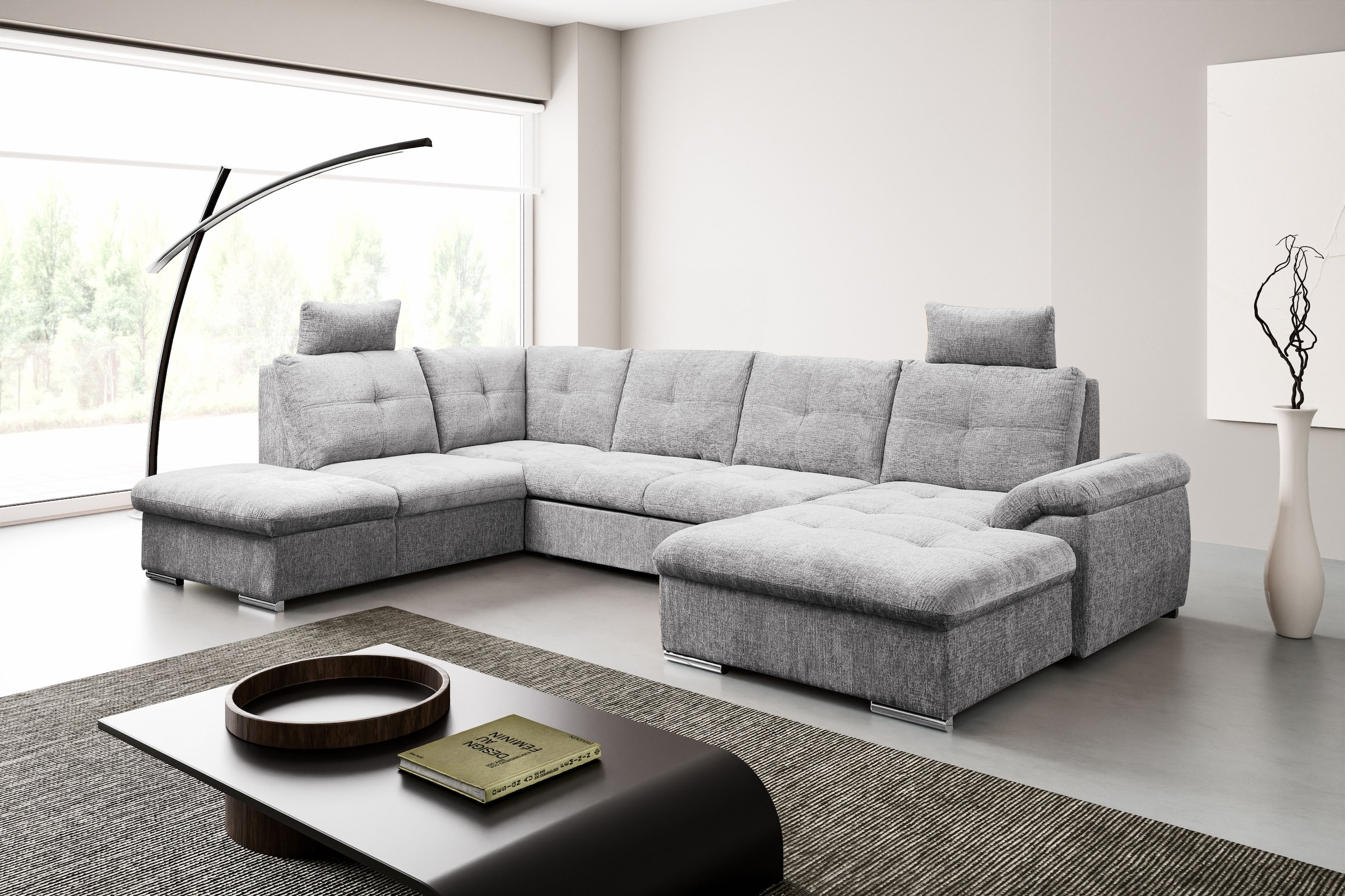 WERK2 Wohnlandschaft »Arena 339 cm breit mit Bett & Bettkasten, wahlw. mit 2 Kopfstützen« U-Form, XXL, Schlaffunktion, Bettkasten