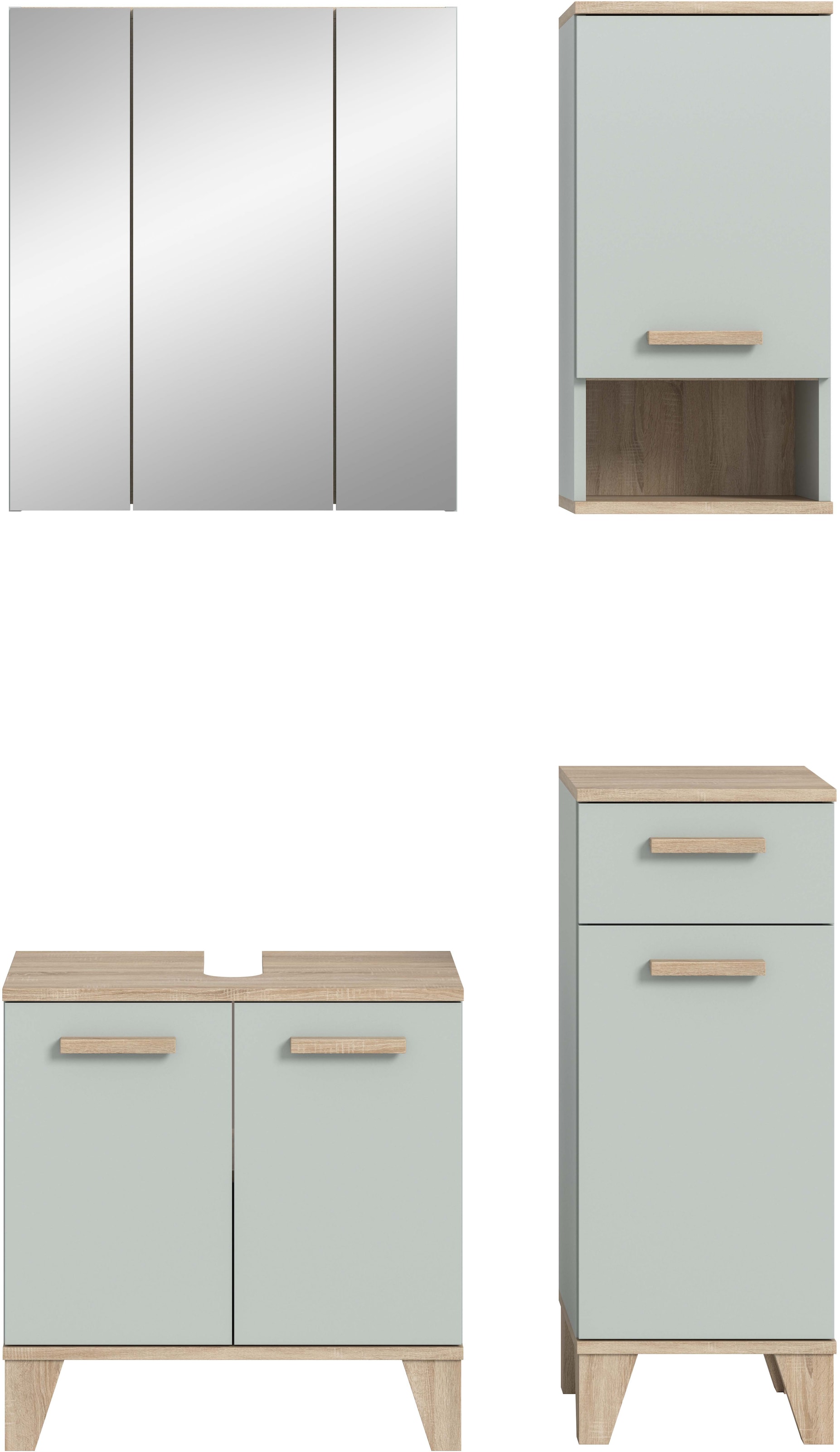 welltime Badmöbel-Set »MINTTU, 4-teilige moderne Badkombination im SCANDI-Look« bestehend aus: Midischrank, WBU, Spiegelschrank, Hängeschrank, 4 Stk. tlg.