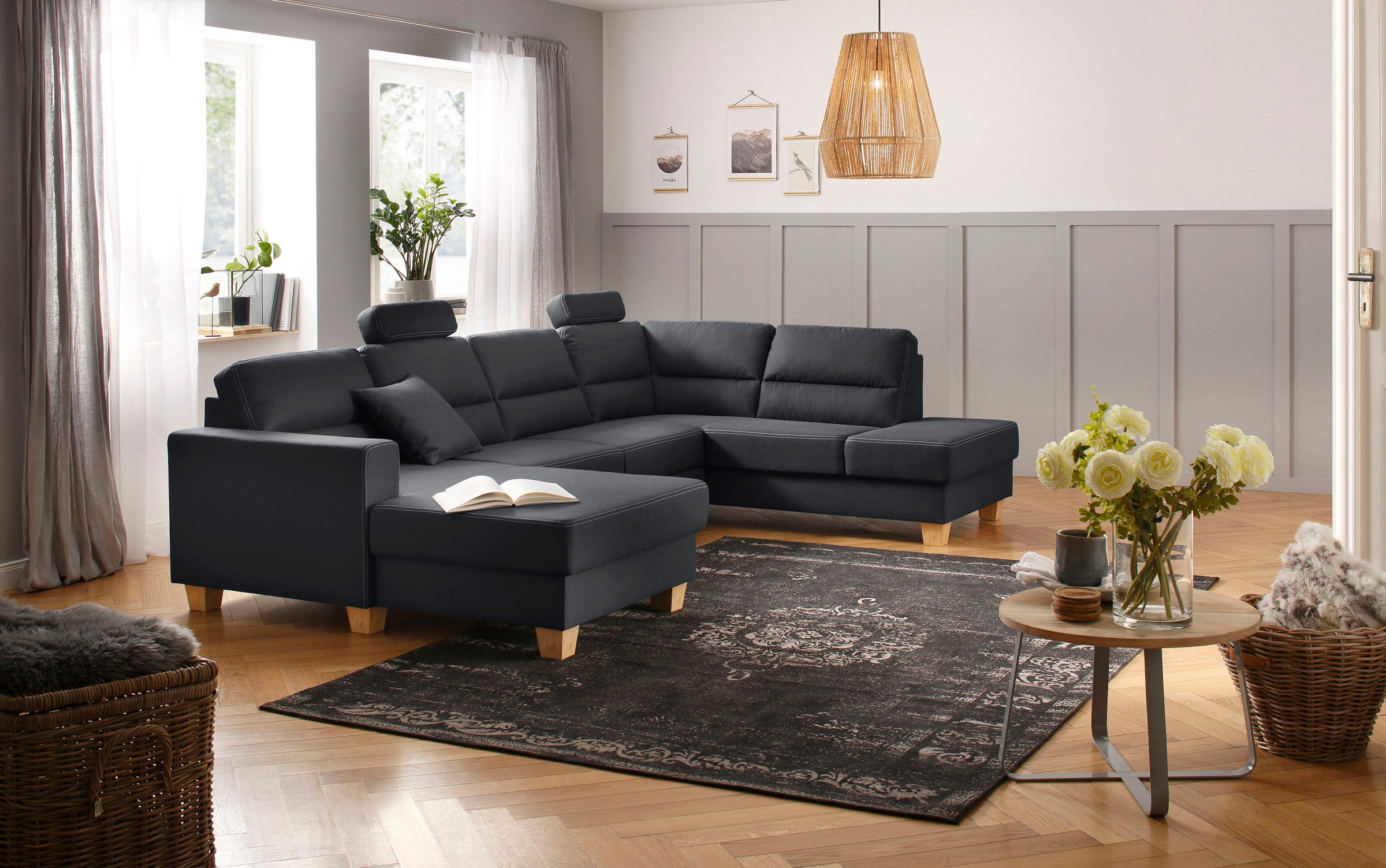 Home affaire Wohnlandschaft »Navan, komfortabel mit viel Platz, U-Form«, wahlweise mit Bettfunktion und Kopfstütze