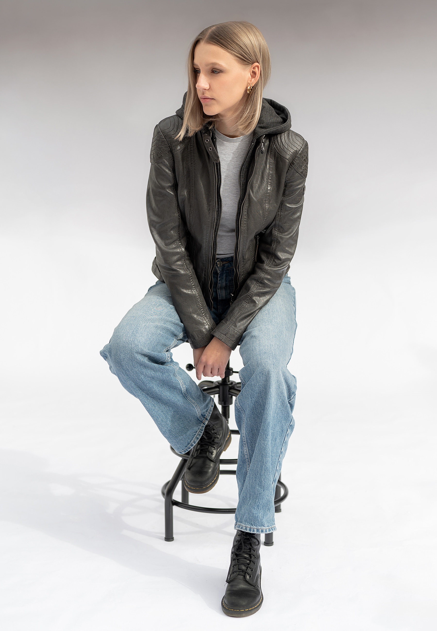 Mauritius Lederjacke »Cacey LEGV« mit Kapuze mti Kapuze, Reißverschluss, Ziersteppung