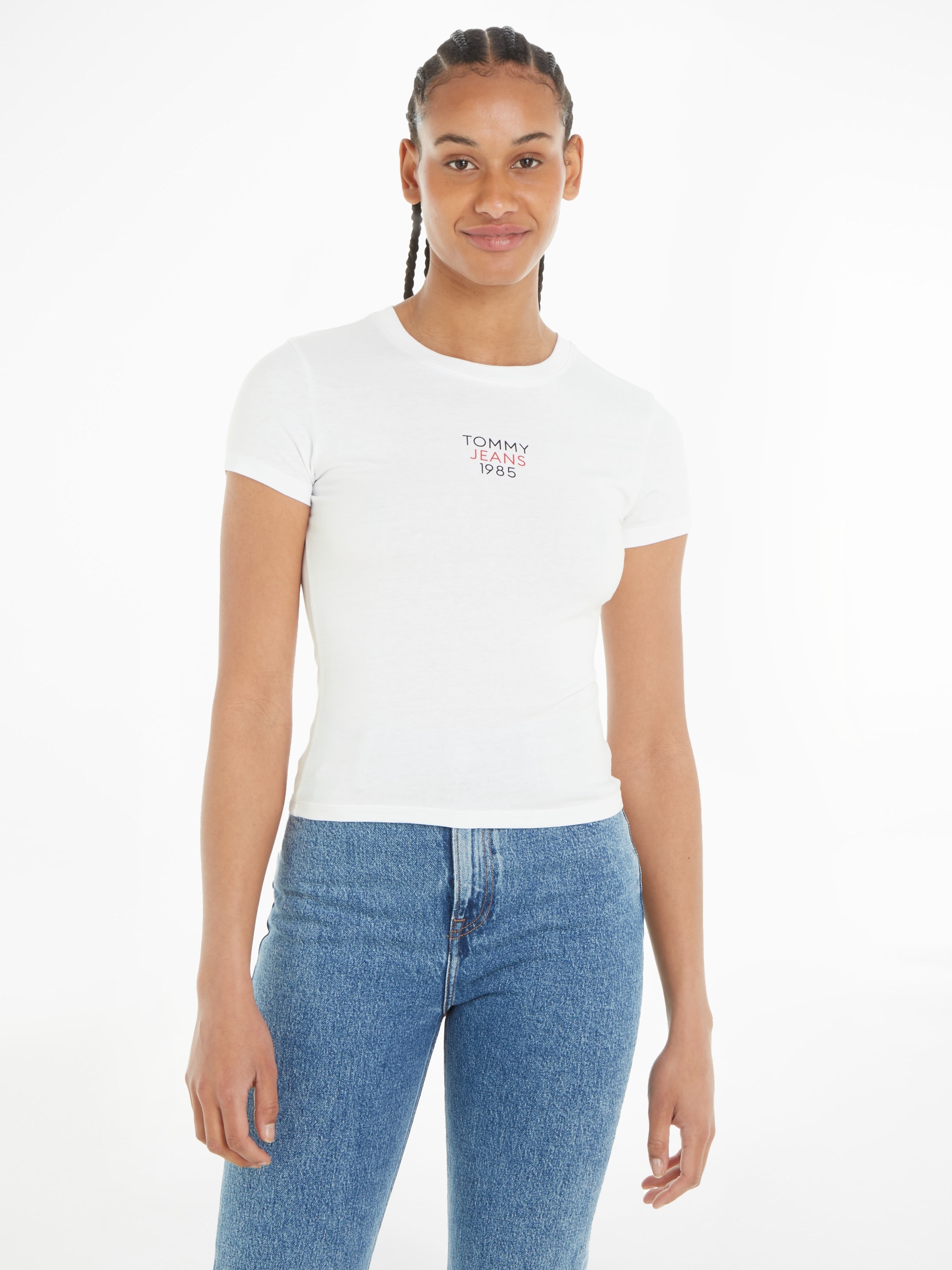 Tommy Jeans T-Shirt »Slim Essential Logo«, Kurzarm Rundhals Jersey T Shirt mit Logo Druck Print, Baumwoll Mix