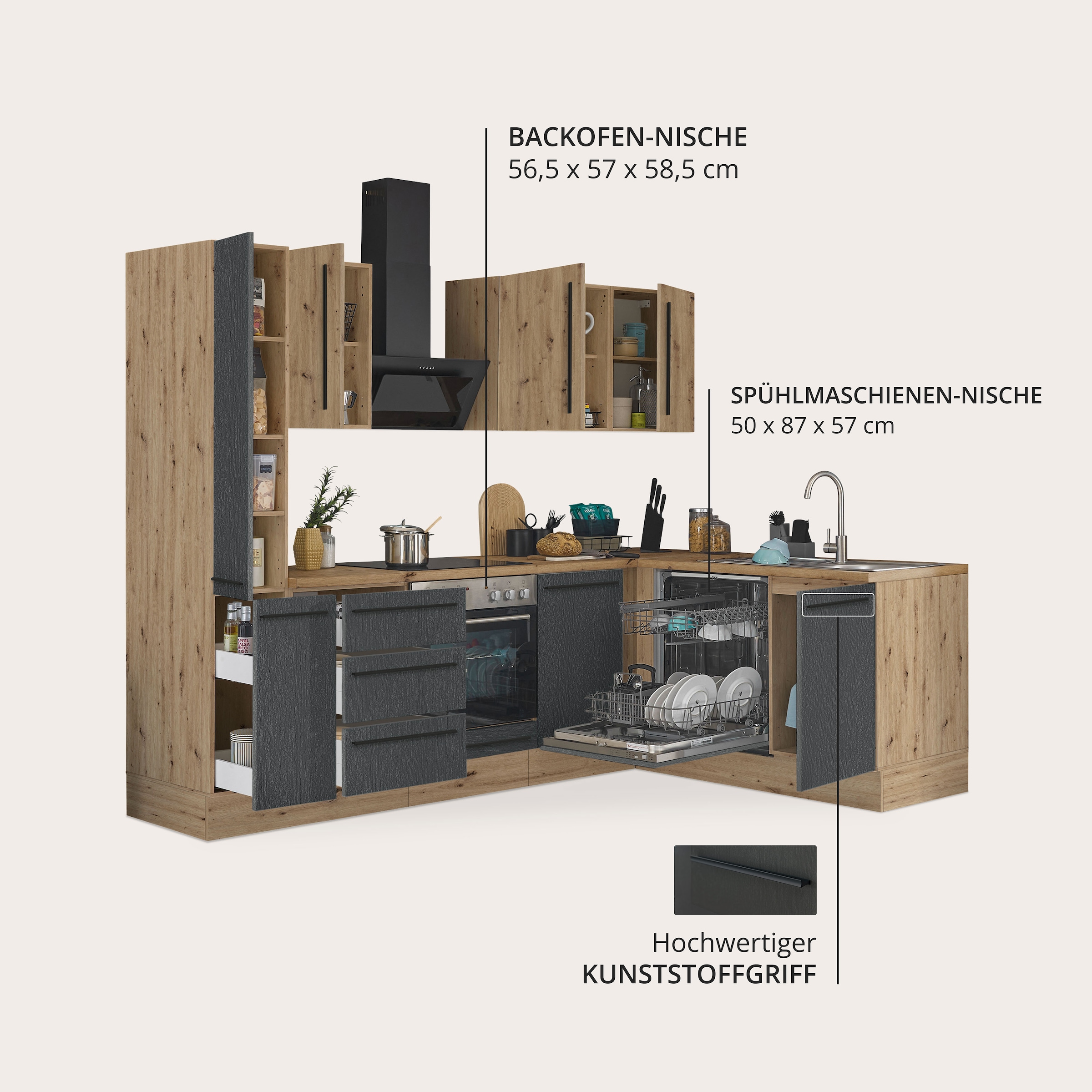KOCHSTATION Winkelküche »Florida, Stellbreite 250x165 cm« wahlweise mit E-Geräten, mit Softclose für Türen und Schubkästen