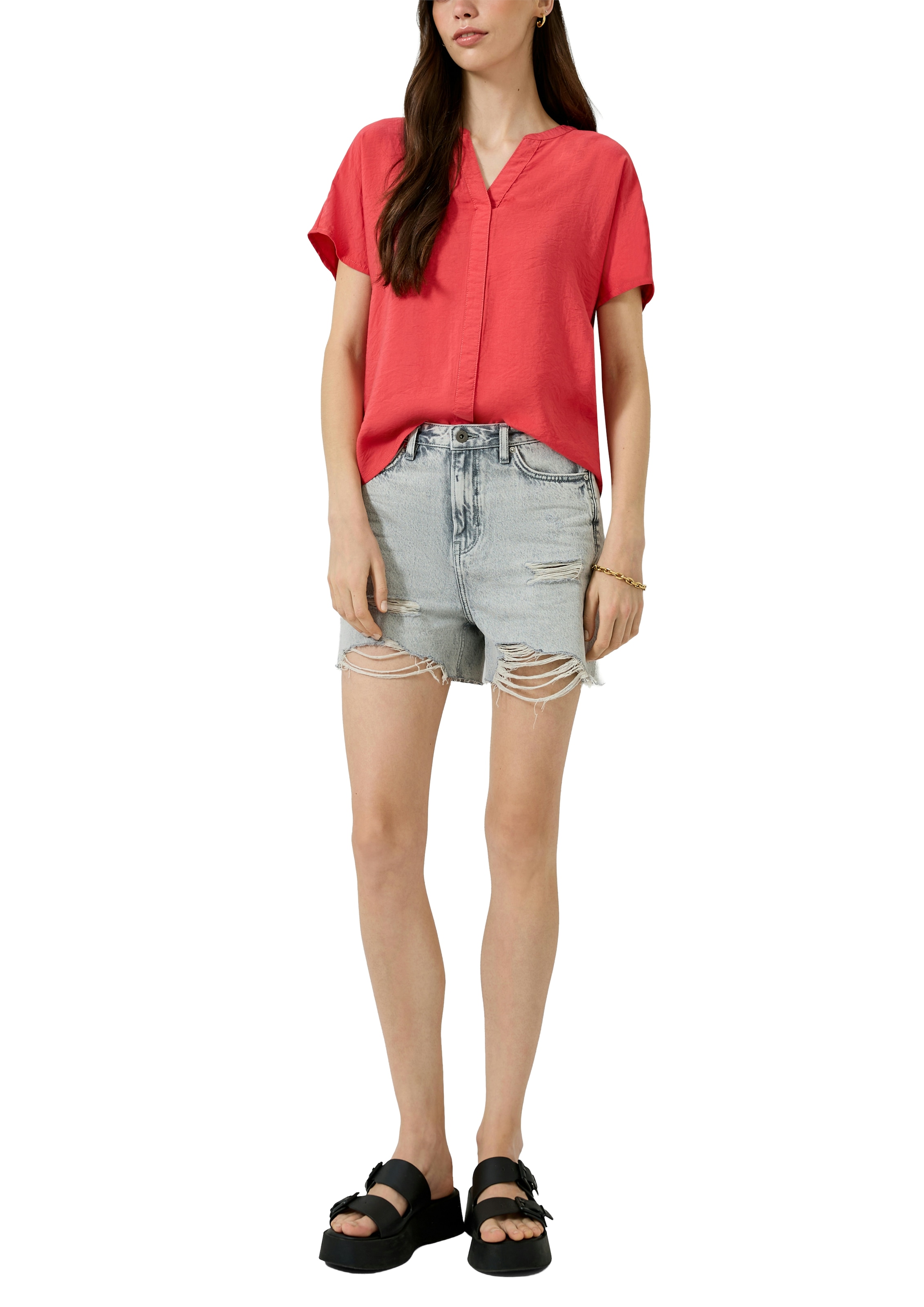 QS Kurzarmbluse Sommerbluse mit Split Neck