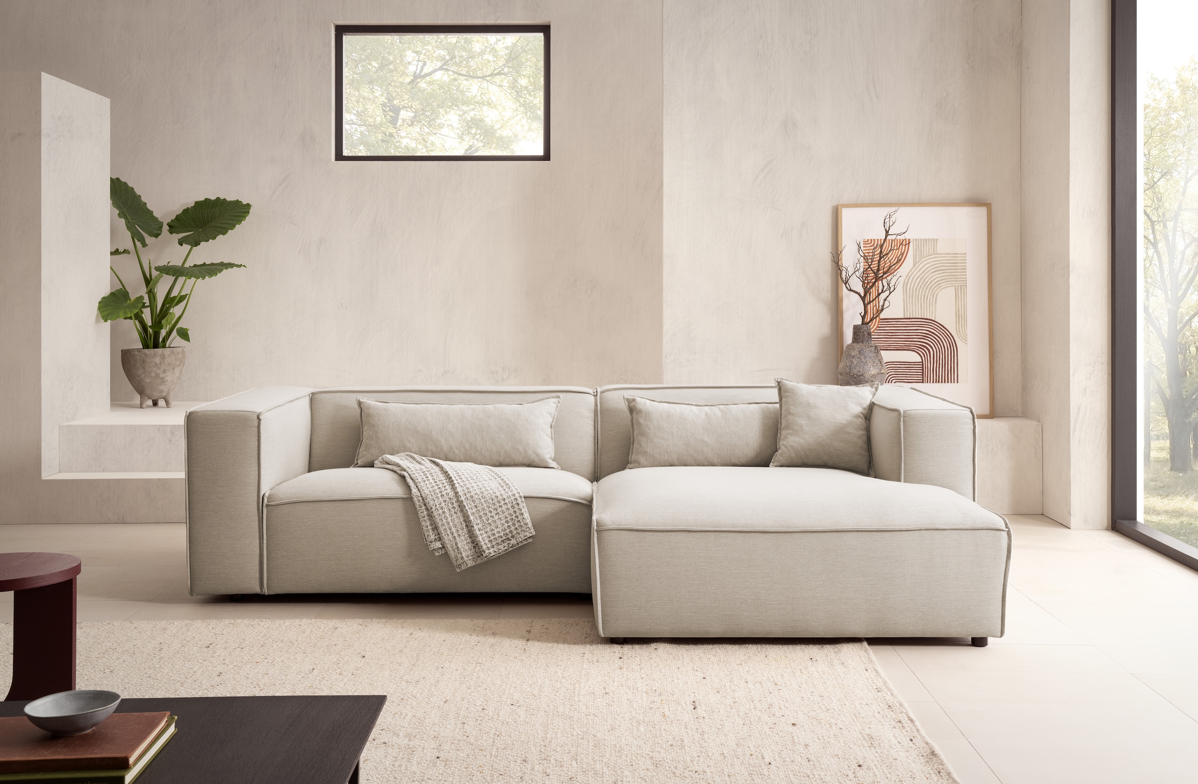 LeGer Home by Lena Gercke Ecksofa »PIARA mit Kedernaht in Cord oder Leinenoptik, moderne Couch in L-Form«, wahlweise Ottomane rechts/links, schwarze Füße, bequemer Sitzkomfort