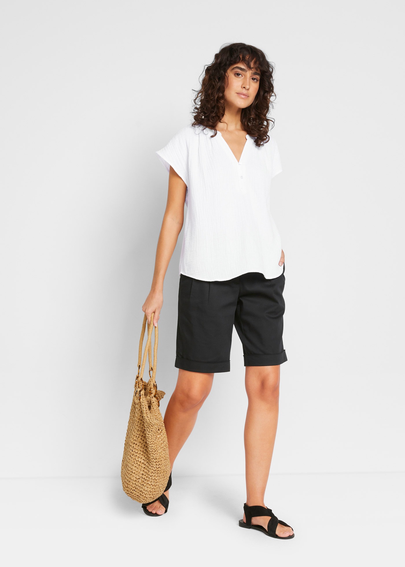 bonprix Shirtbluse »Musselin-Blusentop aus reiner Baumwolle« Oversize-Passform, mit V-Ausschnitt, aus Baumwolle