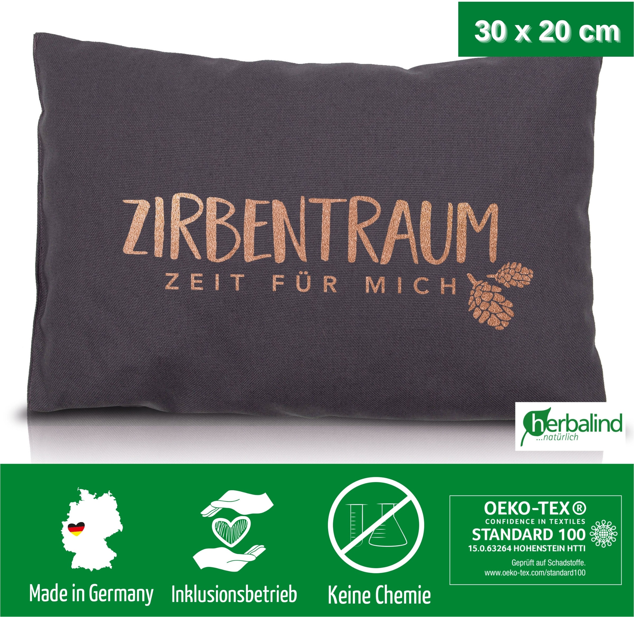 herbalind Zirbenkissen »Zirbentraum in Anthrazit/Roségold 30x20 mit Reißverschluss - Gefüllt« mit hochwertigen Zirbenholzflocken 100% Baumwolle - Made in Germany