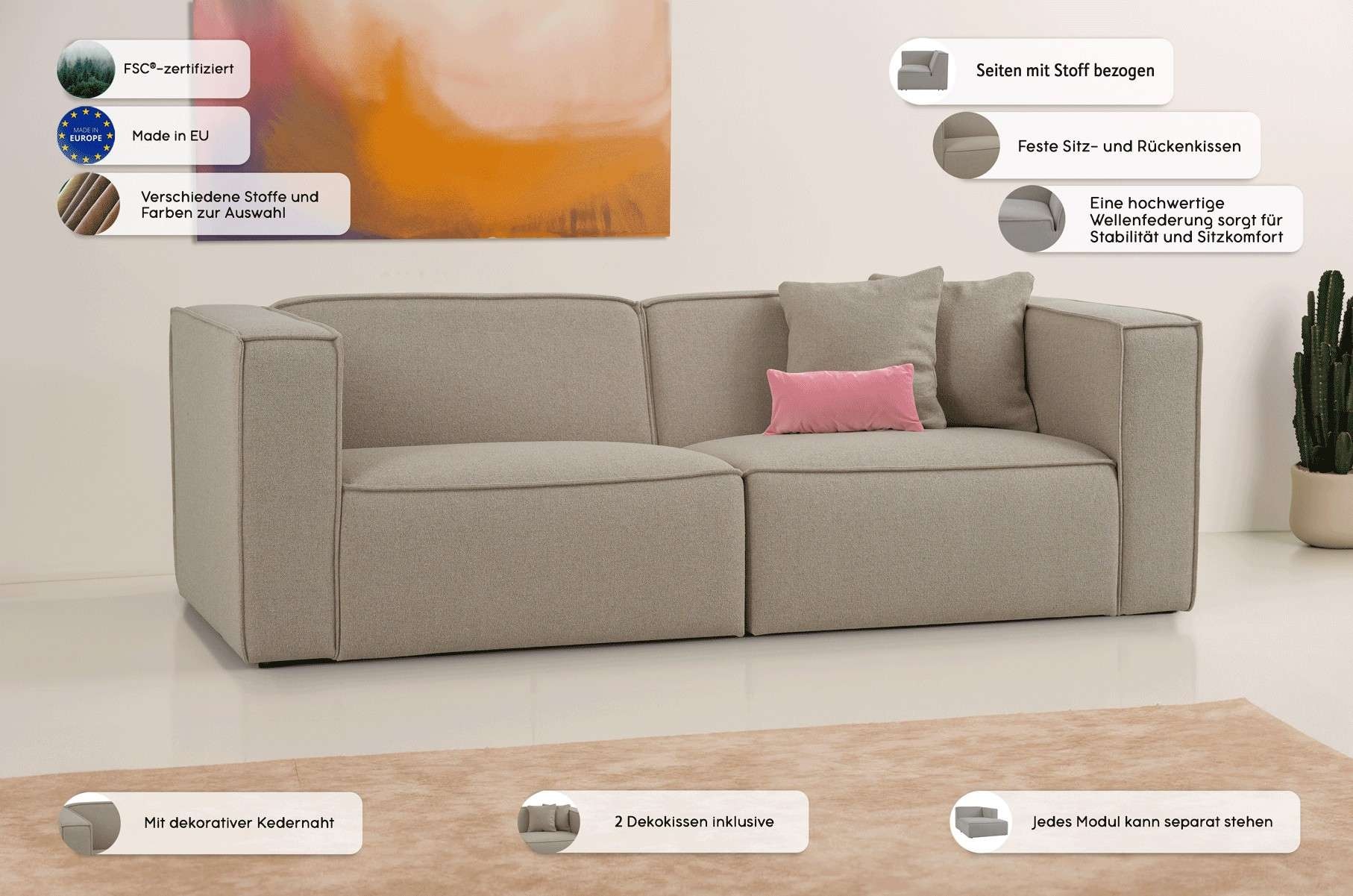 OTTO home 3-Sitzer »Tammie«, Breite 222 cm, Webstoff fein, bodentief, mit Wellenunterfederung