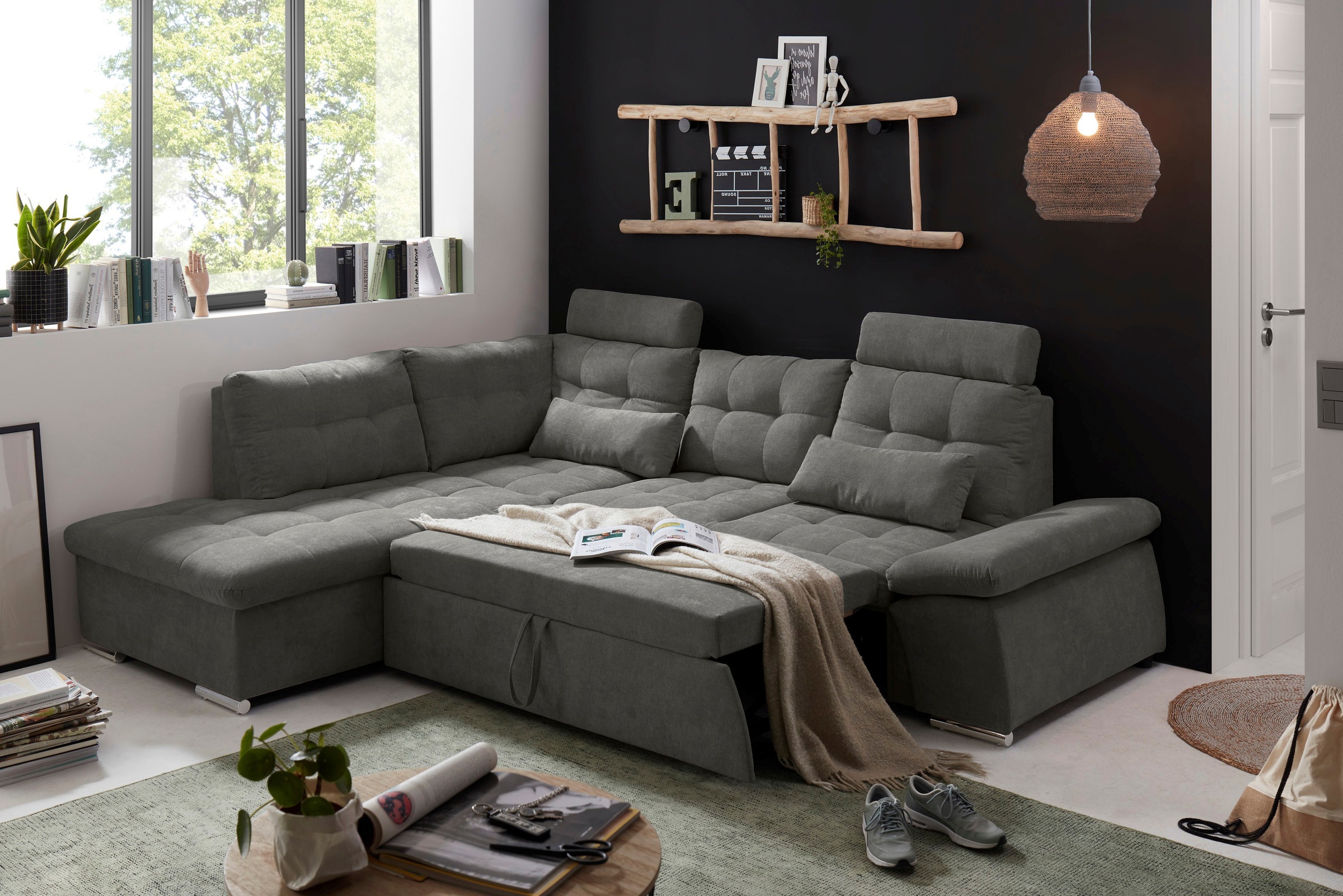ED EXCITING DESIGN Ecksofa »Nalo L-Form«, mit Bettfunktion, Armteilverstellung, Kopfstützen & 2 Nierenkissen