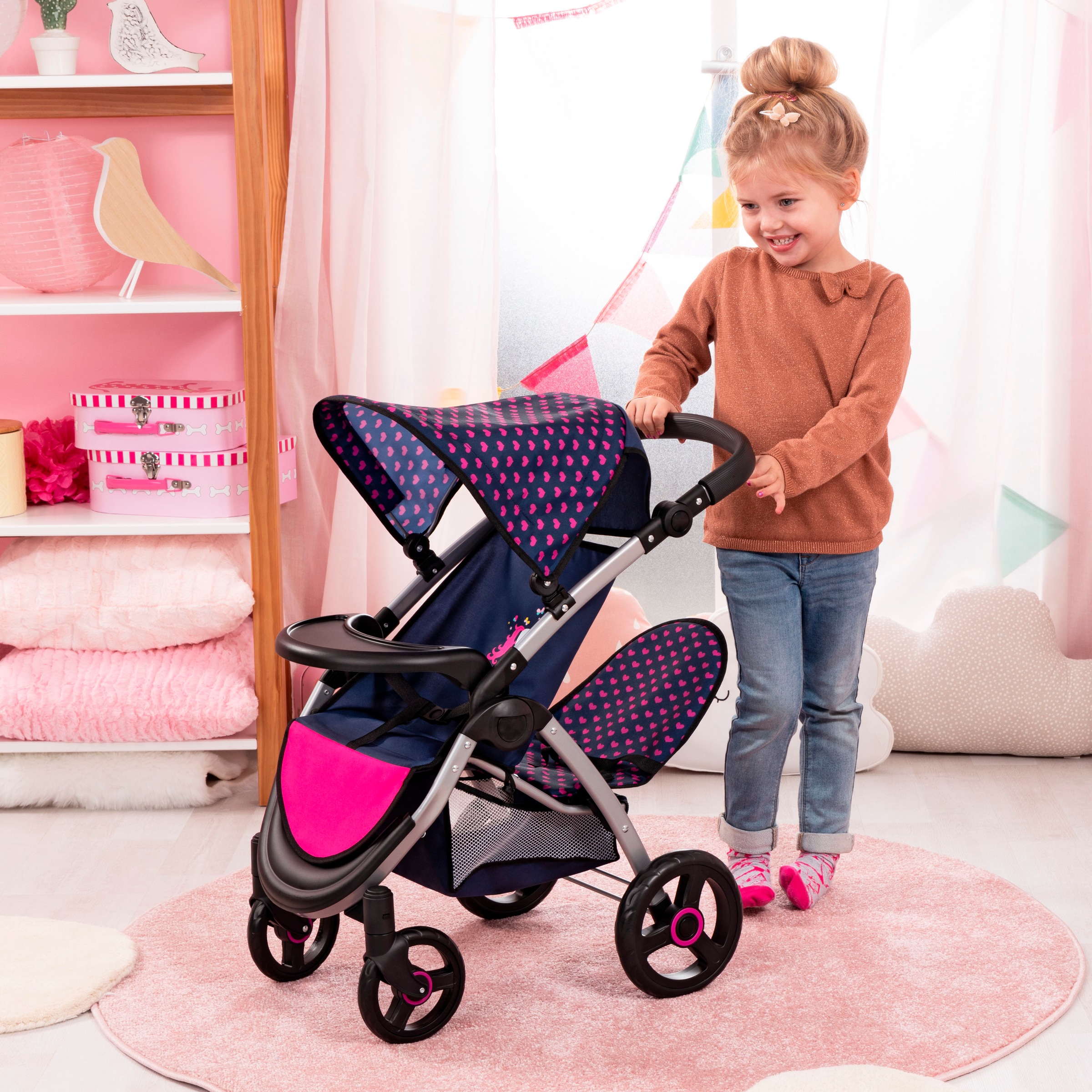 Bayer Puppen-Zwillingsbuggy »Twin Star, blau/pink«, mit Wickeltasche