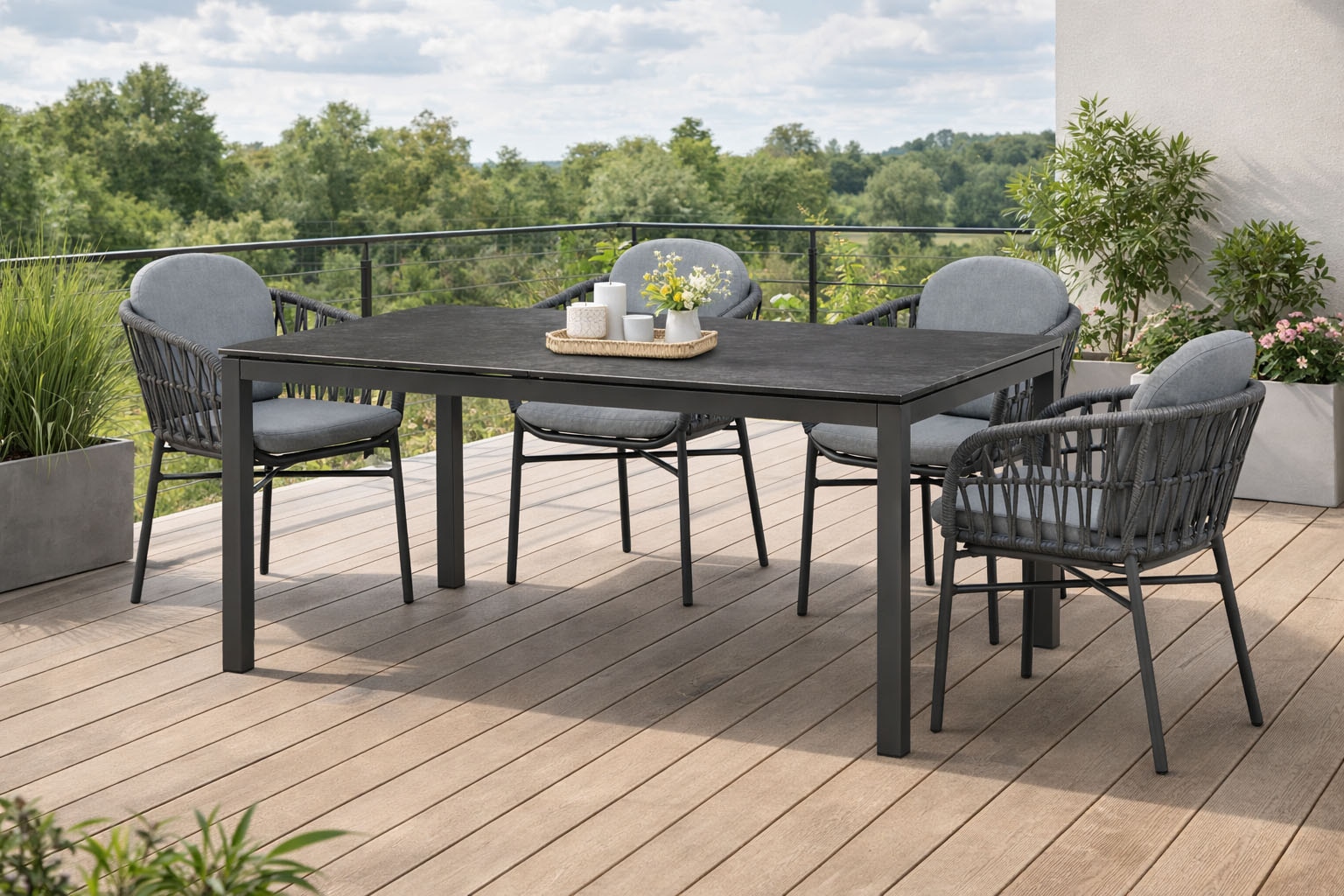 Destiny Garten-Essgruppe »COMO CREMONA 4 Se + Tisch 160x90cm, grau/anthrazit« Set,  Aluminium, Textilene, Tischplatte: Glas mit Keramiküberzug