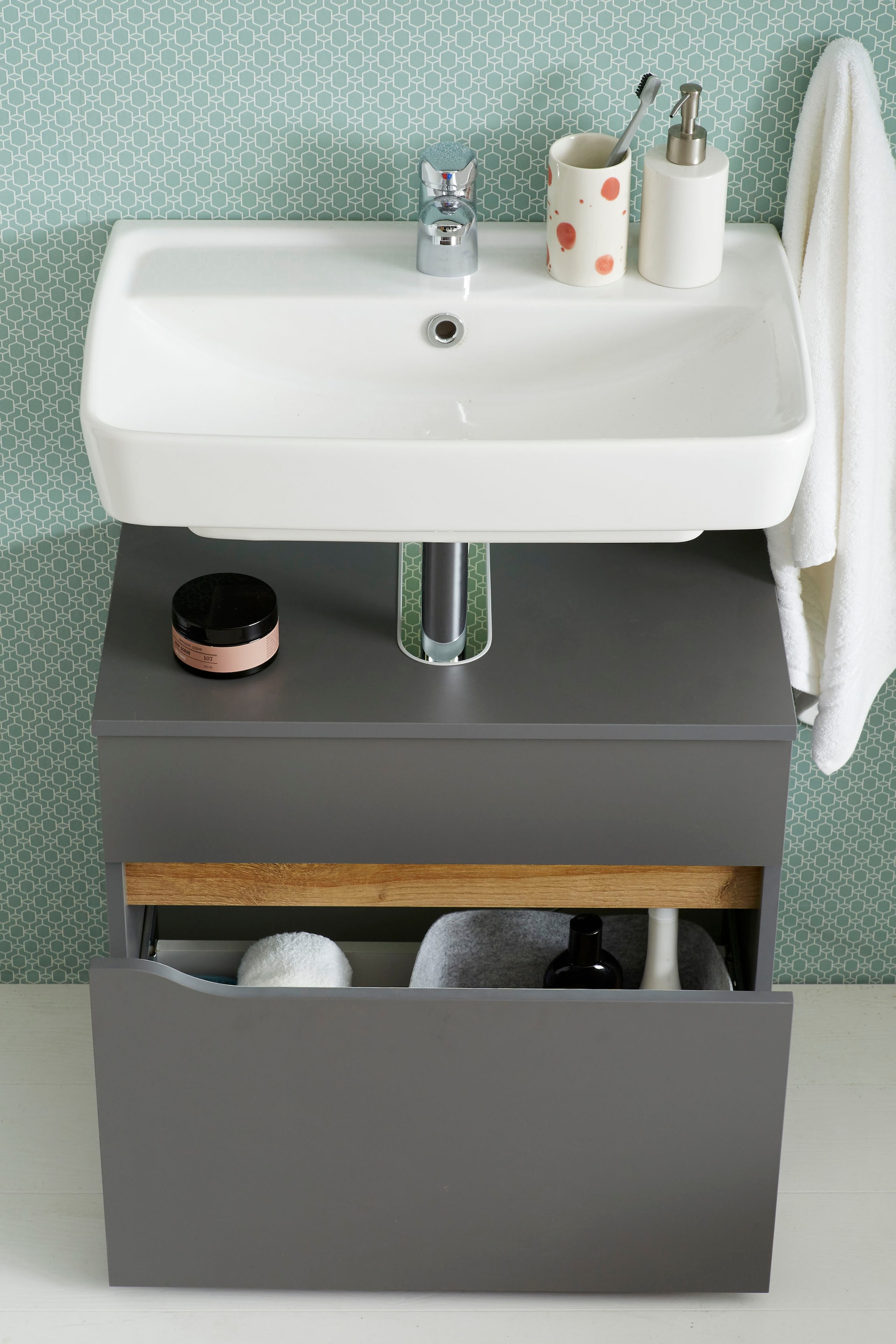 Saphir Waschbeckenunterschrank »Quickset Unterbeckenschrank, 60 cm breit, 1 Schublade«, Waschbeckenschrank mit Siphonausschnitt, ohne Waschbecken, grifflos