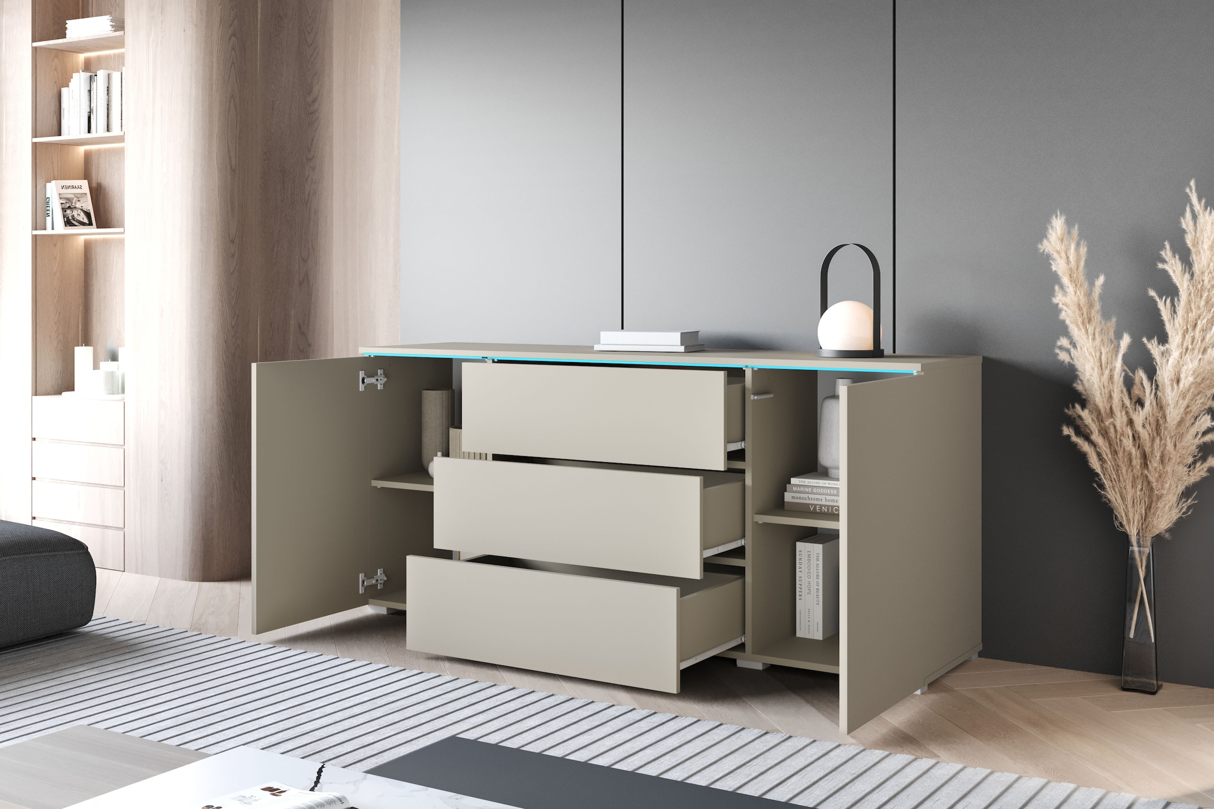 INOSIGN Sideboard »VERA, grifflos« verstellbare Einlegeböden, Wahlweise mit oder ohne Beleuchtung