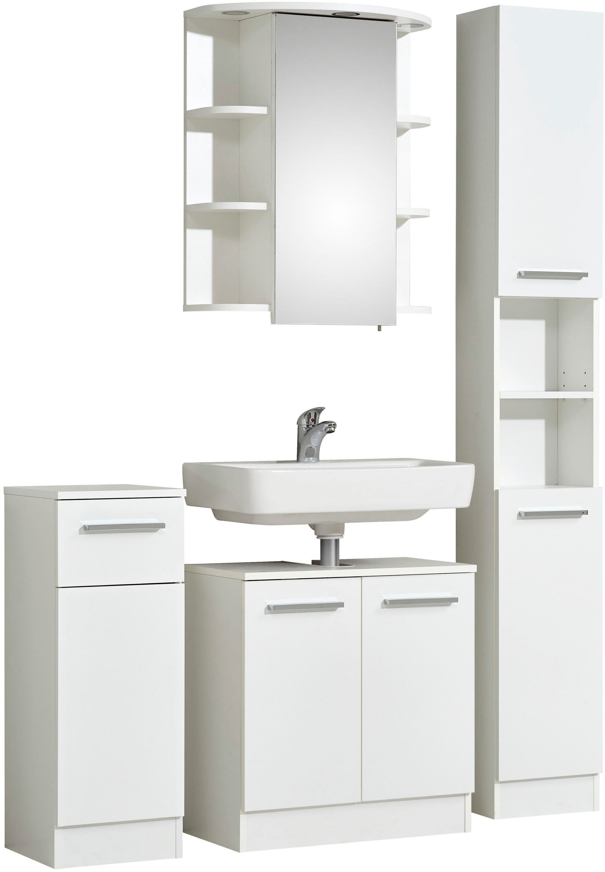 Saphir Badmöbel-Set »Quickset 335 5-teilig, Waschbeckenunterschrank mit LED-Spiegelschrank«, (5 St.), Hochschrank, Unterschrank, Hängeschrank, inkl. Türdämpfer, 7 Türen