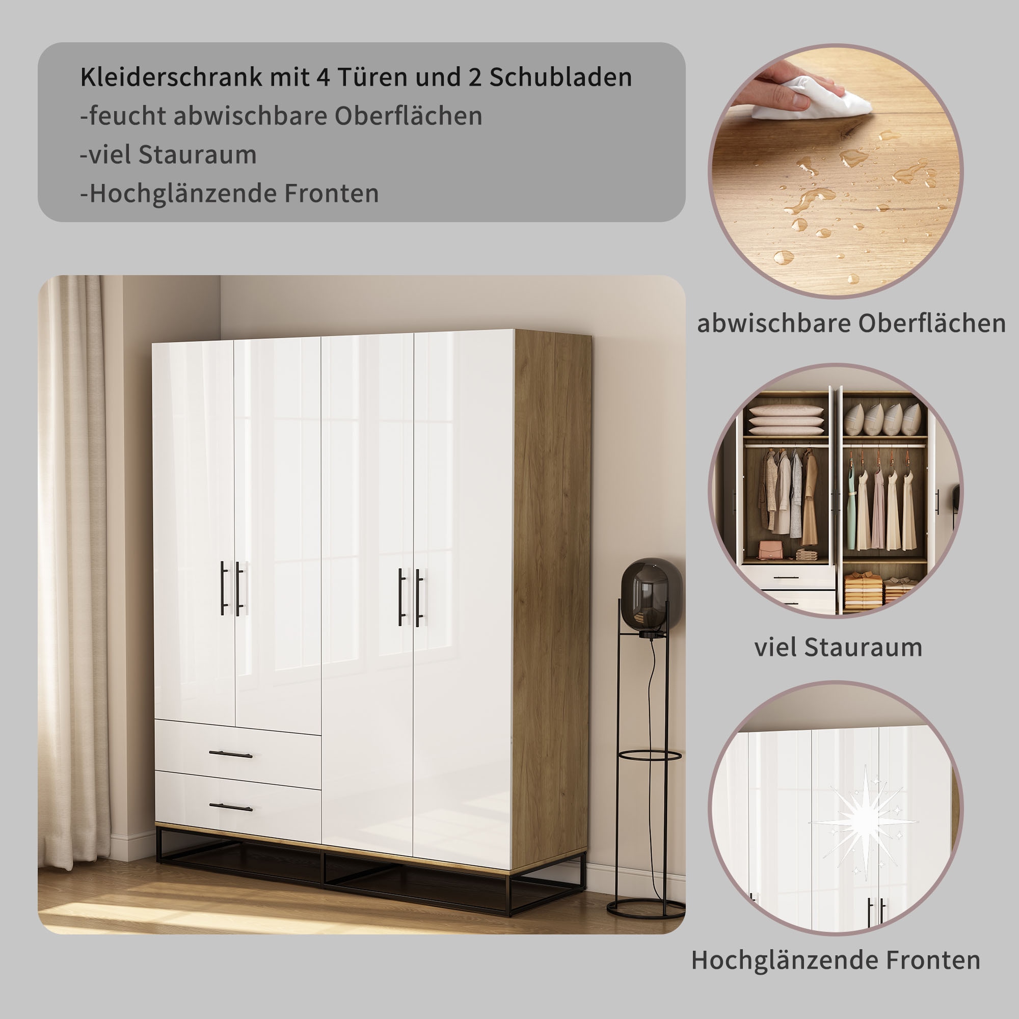 OTTO home Kleiderschrank »Lucca Schlafzimmerschrank Garderobe Hochglanz Bestseller« Schwarze Griffe und Kufengestell aus Metall,  Schlafzimmerschrank mit 4 Türen und 2 Schubladen, Breite 160cm