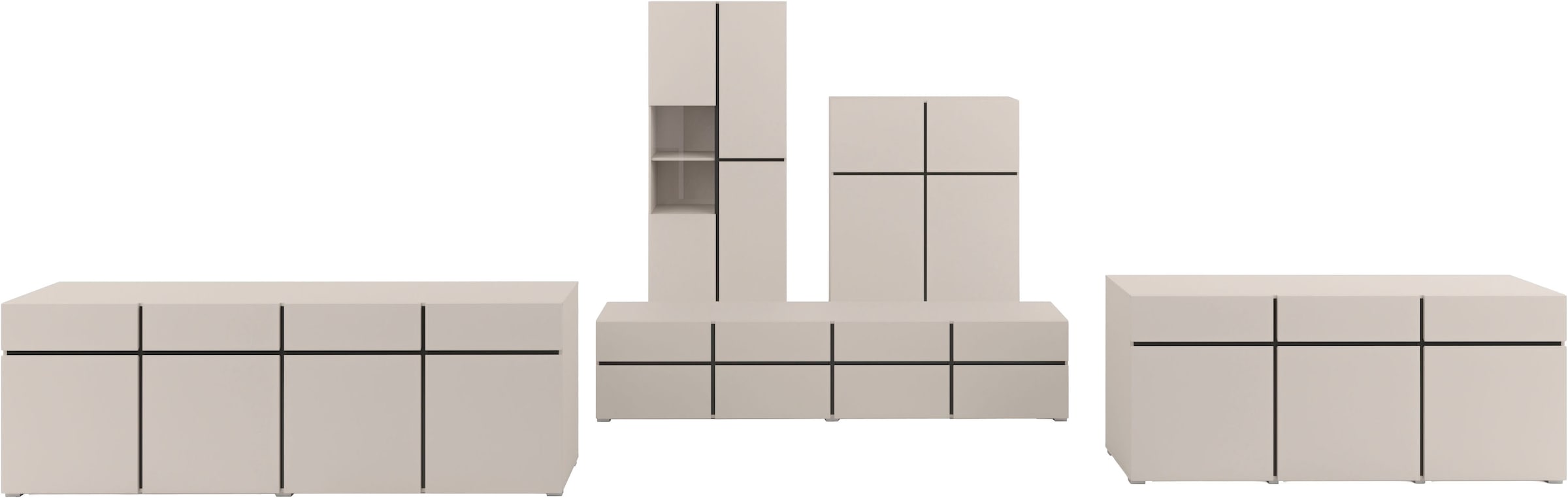 OTTO home Vitrine »Cross, Höhe 183,5 cm, moderne grifflose Standvitrine mit 3 Türen« Hochschrank mit viel Stauraum, Glastür und verstellbaren Einlegeböden