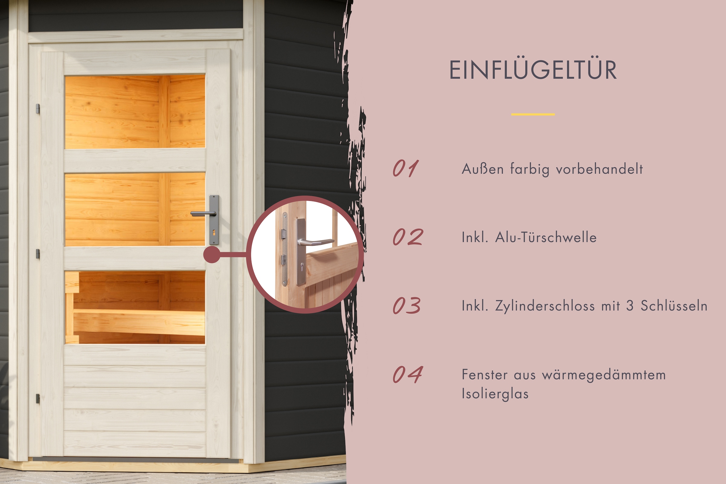 Karibu Saunahaus »»Simon 3« mit moderner Tür, terragrau« Set,  Mit 9 kW Ofen Bio externe Steuerung easy