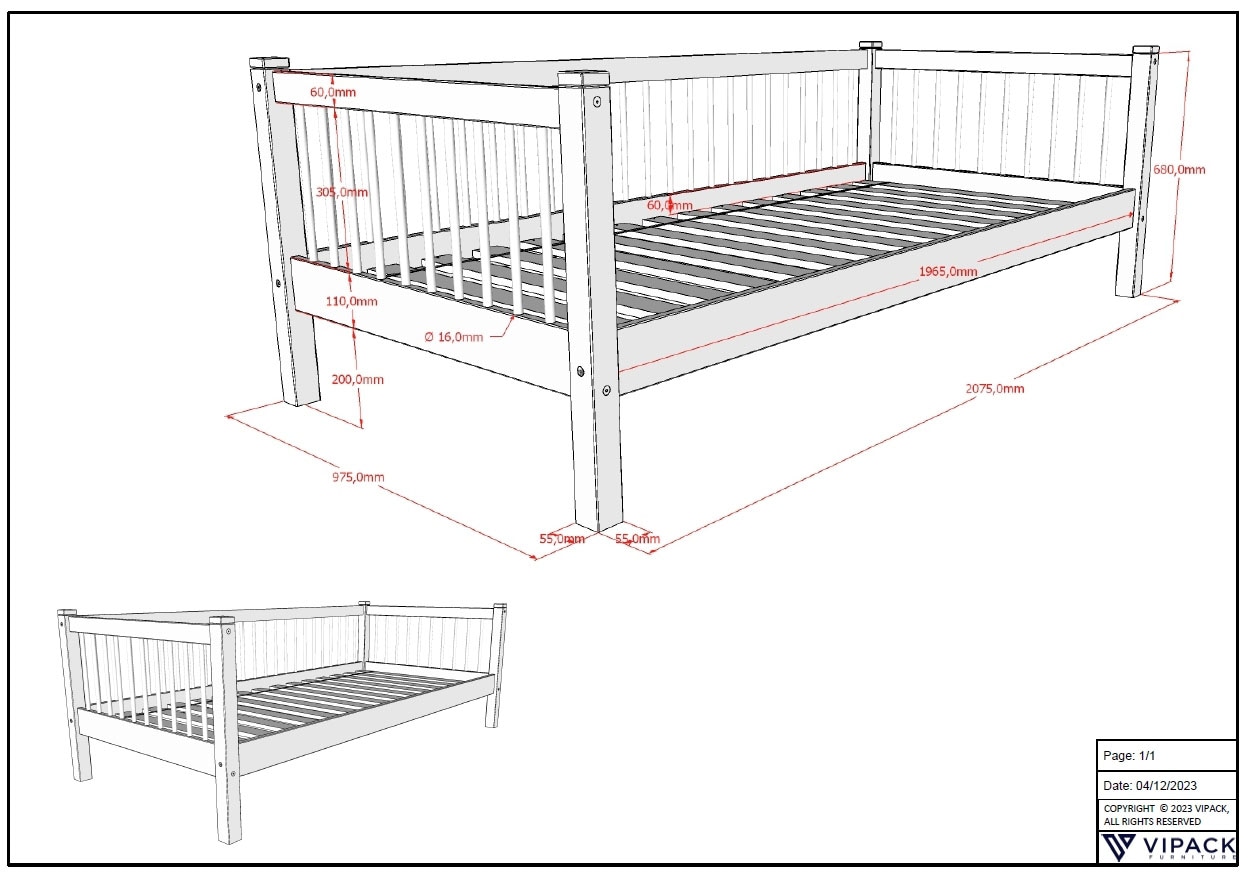 Vipack Daybett »Forrest mit Sprossenumrandung Ideal als Einzel- oder Gästebett« Liegefläche 90/200 cm, inkl. Rolllattenrost, Pfostenstärke  55x55 mm,  stabil und hochwertig gebaut, massiv Buche natur lackiert