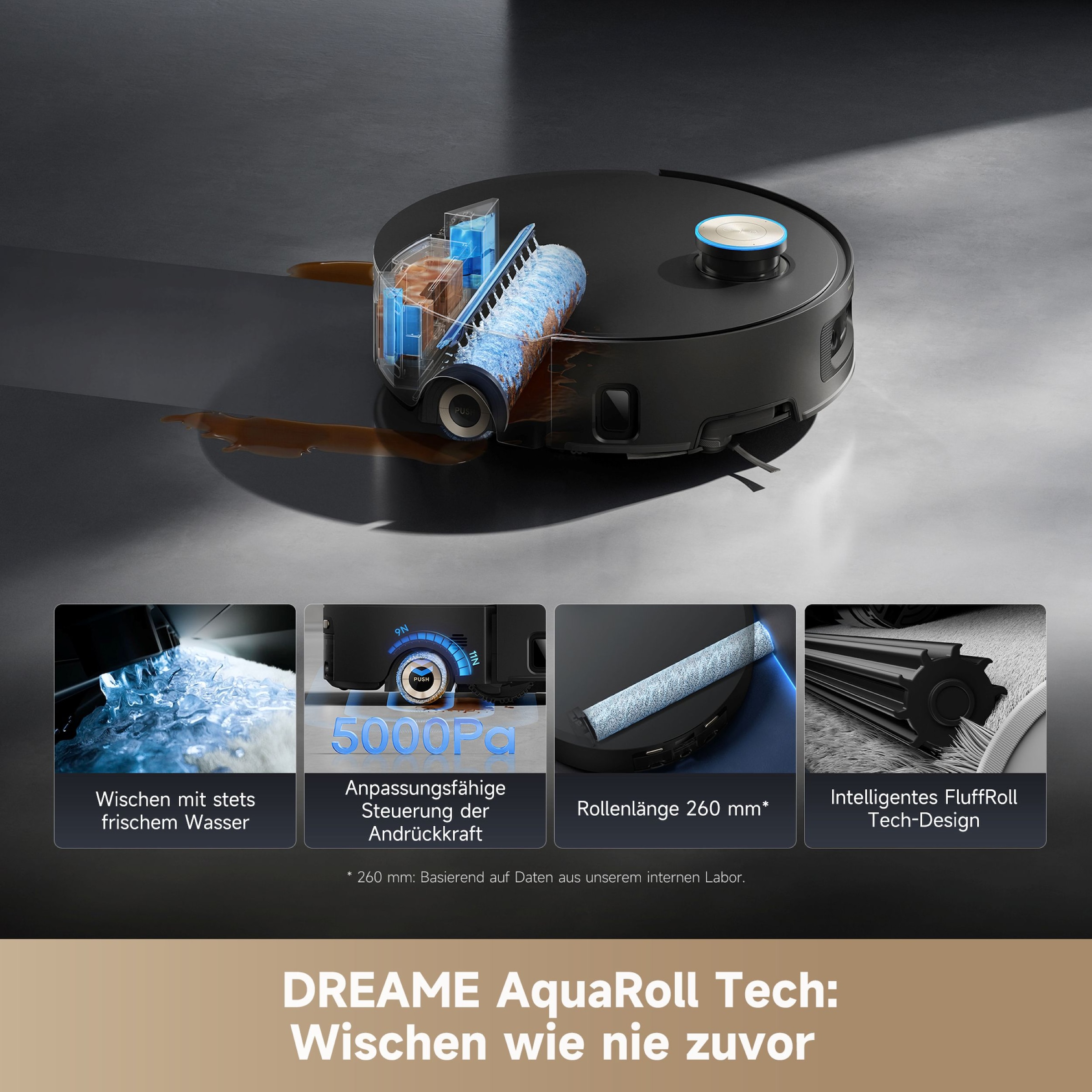 Dreame Saugroboter »mit Wischfunktion Aqua10 Ultra Roller Complete Black«, Warmwasser-Wischsystem, Rollenmopp, überwindet Hindernisse, 30.000 Pa