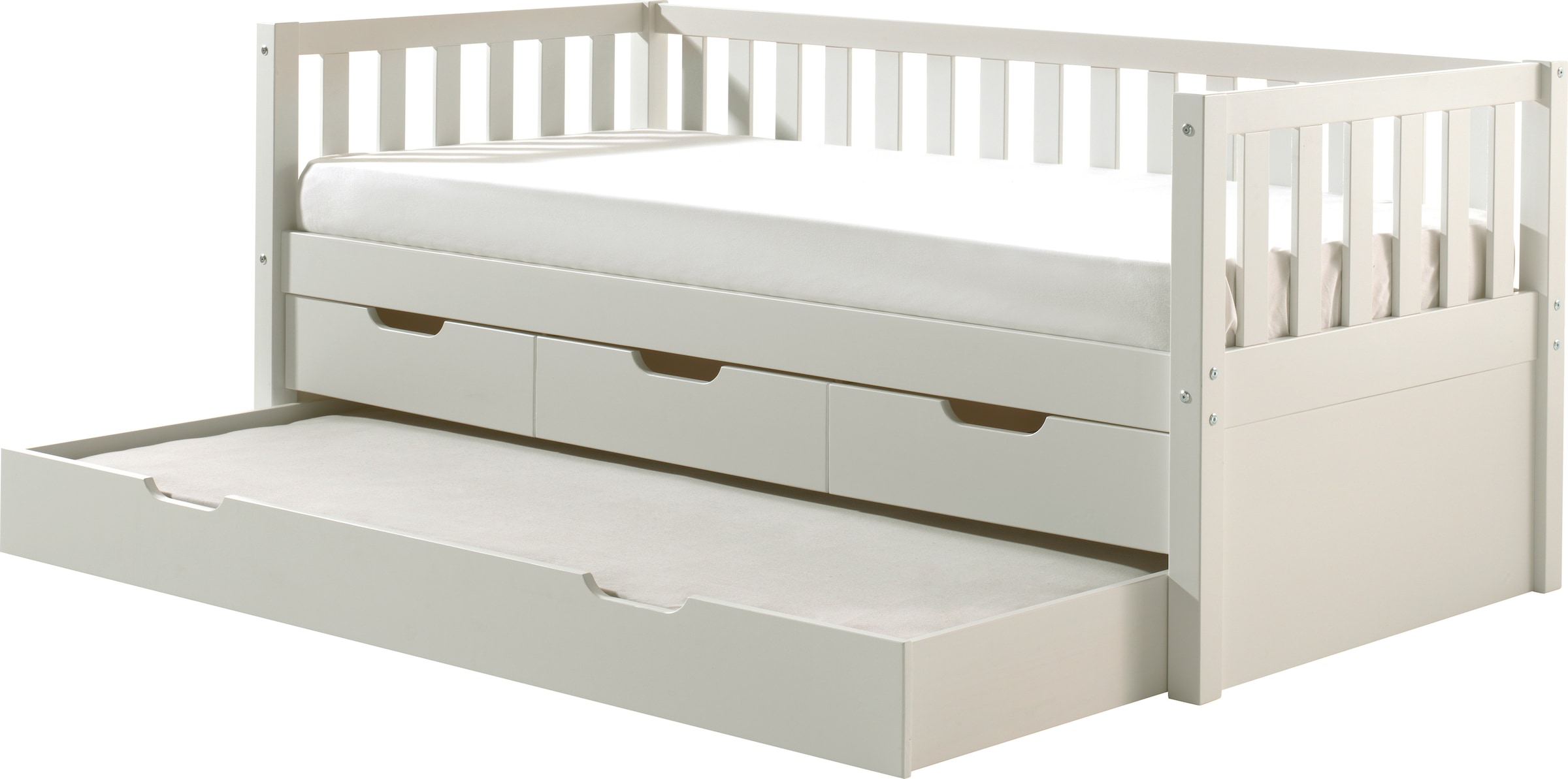 Vipack Einzelbett »mit Schubladen, Kiefer massiv, viel Stauraum und zeitloses Design« B/H/T ca. 211,2x85,5x97,8cm, Ausf. Milky Pine oder Weiß,  inkl. Rolllattenrost, mit oder ohne Bettschublade