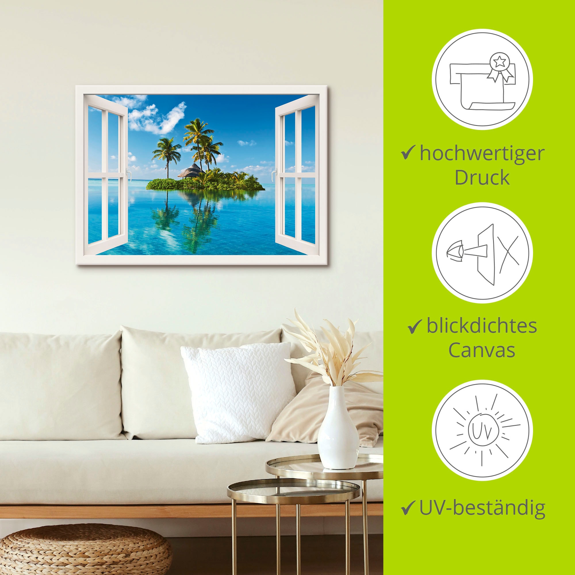 Artland Wandbild »Fensterblick Insel Palmen Meer« Fensterblick 1 Stk. tlg. auf Holzrahmen gespannt