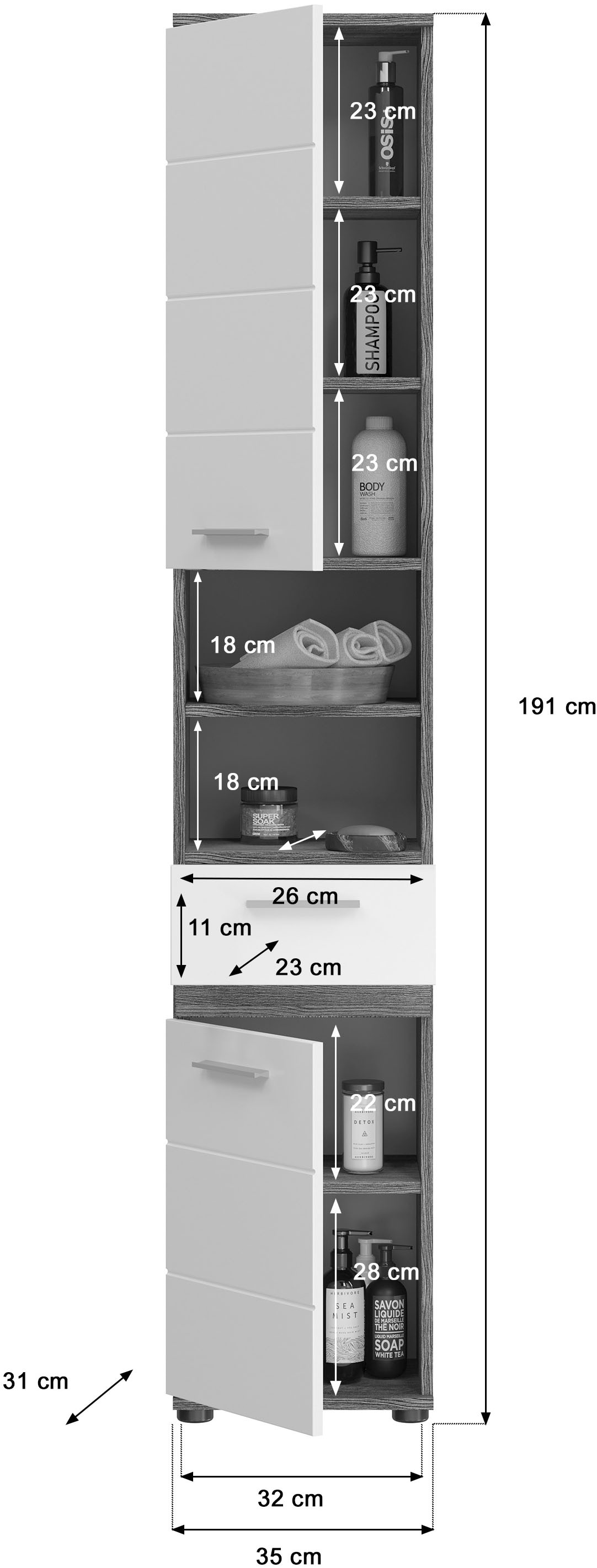 welltime Hochschrank »LUCCA, TOPSELLER!, Breite 35cm, 2 Türen, 1 Schubkasten, 2 Fächer«, MDF-Front, Türanschlag wechselbar, Badmöbel, Badschrank, Badezimmer