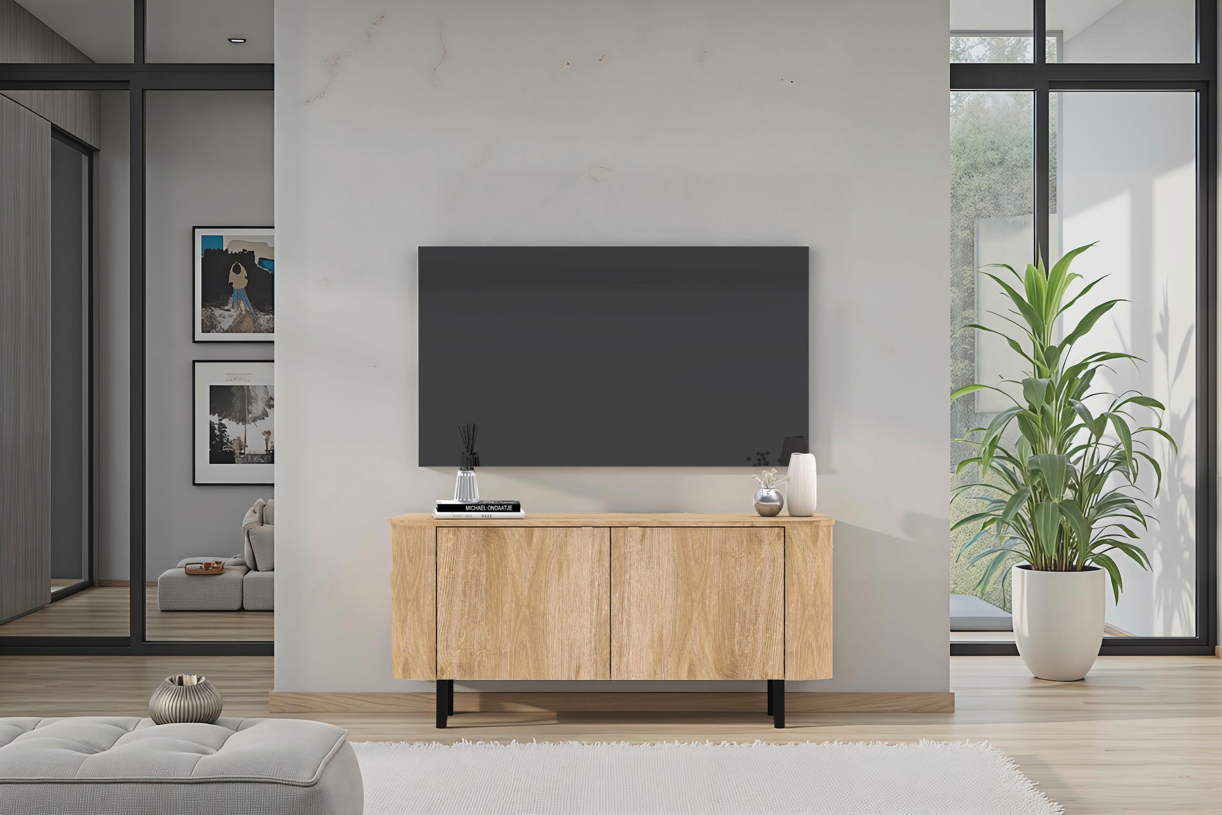 Home affaire Lowboard »Murano, 131 cm breit, 2 Türen, TV-Schrank, TV-Kommode, Medienboard« Formgebogenes MDF, Stirnseiten mit Rundung, Füße und Griffe aus Metall