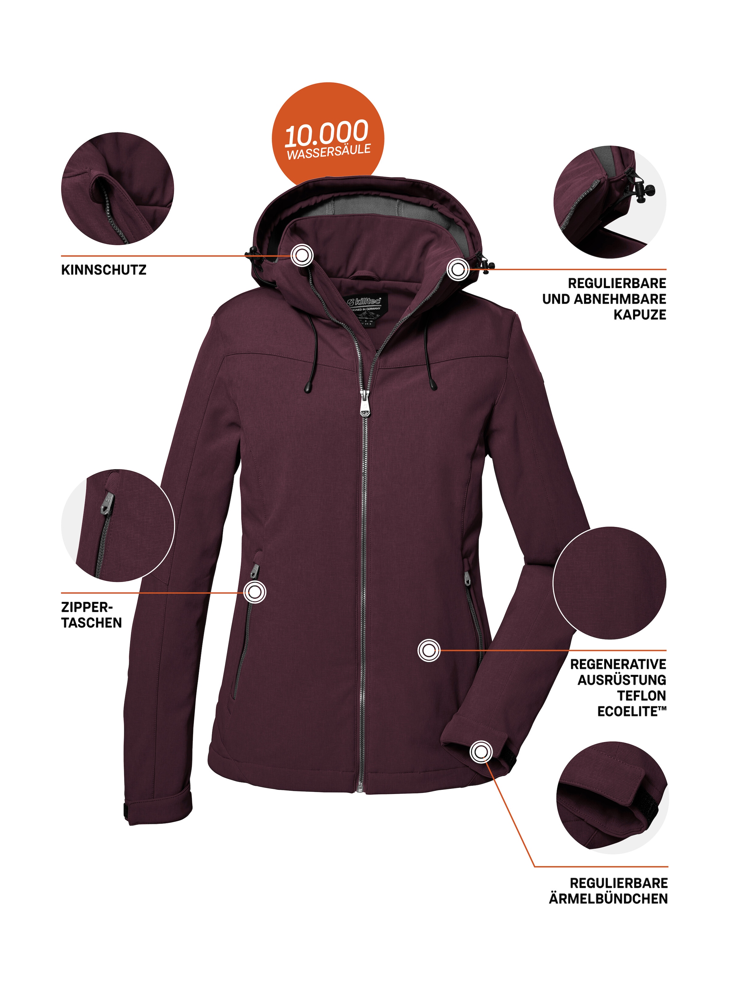 Killtec Softshelljacke »Damen Softshelljacke« Wasserabweisende, winddichte Softshelljacke mit abnehmbarer Kapuze