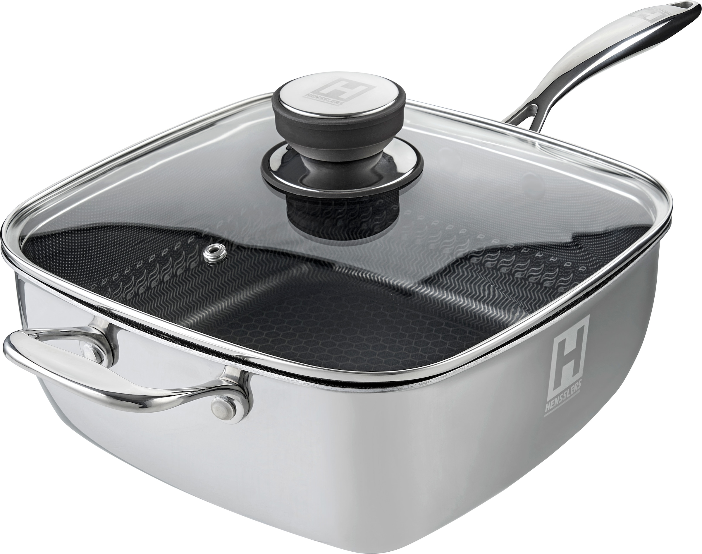 HENSSLERS Servierpfanne »HENSSLERS Edelstahl Viereck-Hochrandpfanne mit Glasdeckel« Edelstahl 4 Stk. tlg. inklusive Dünst- und Grilleinsatz