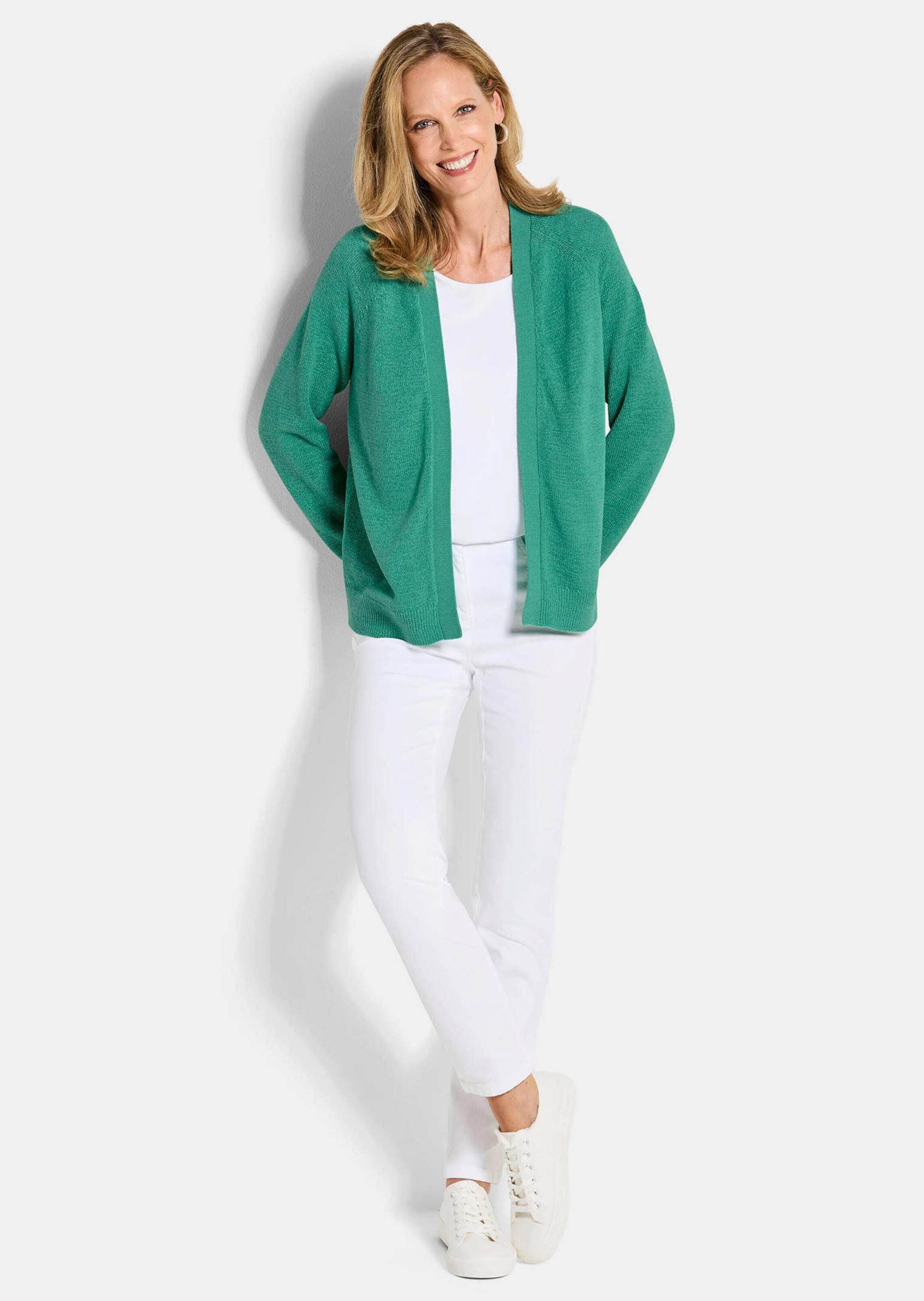 GOLDNER Strickjacke »Kurzgröße Strickjacke mit Strickbandblende« aus Bändchengarn gestrickt