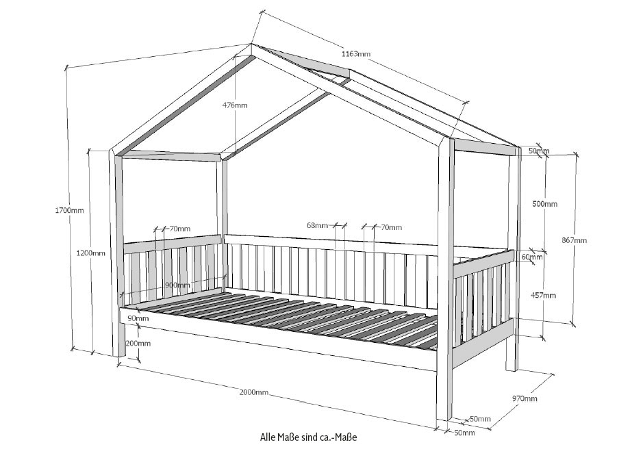 Vipack Hausbett »Dallas, mit Dachaufbau, Kiefer massiv, stabil gebaut«, (B/H/T ca. 210x170x97cm, mit Sprossenumrandung), wahlweise mit oder ohne Bettschublade und Textilhimmel