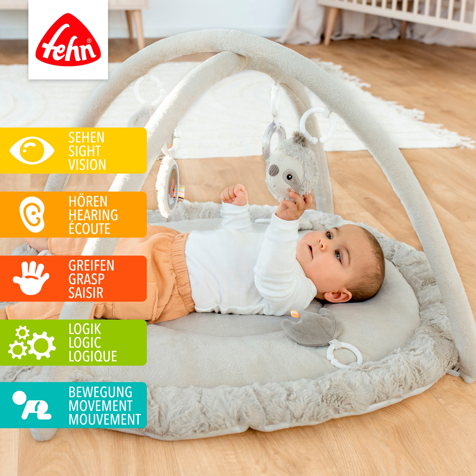 Fehn Spielbogen »Lazy, Crazy & Pink, Faultier, 3-D-Activity-Decke«, mit 5 abnehmbaren Spielzeugen