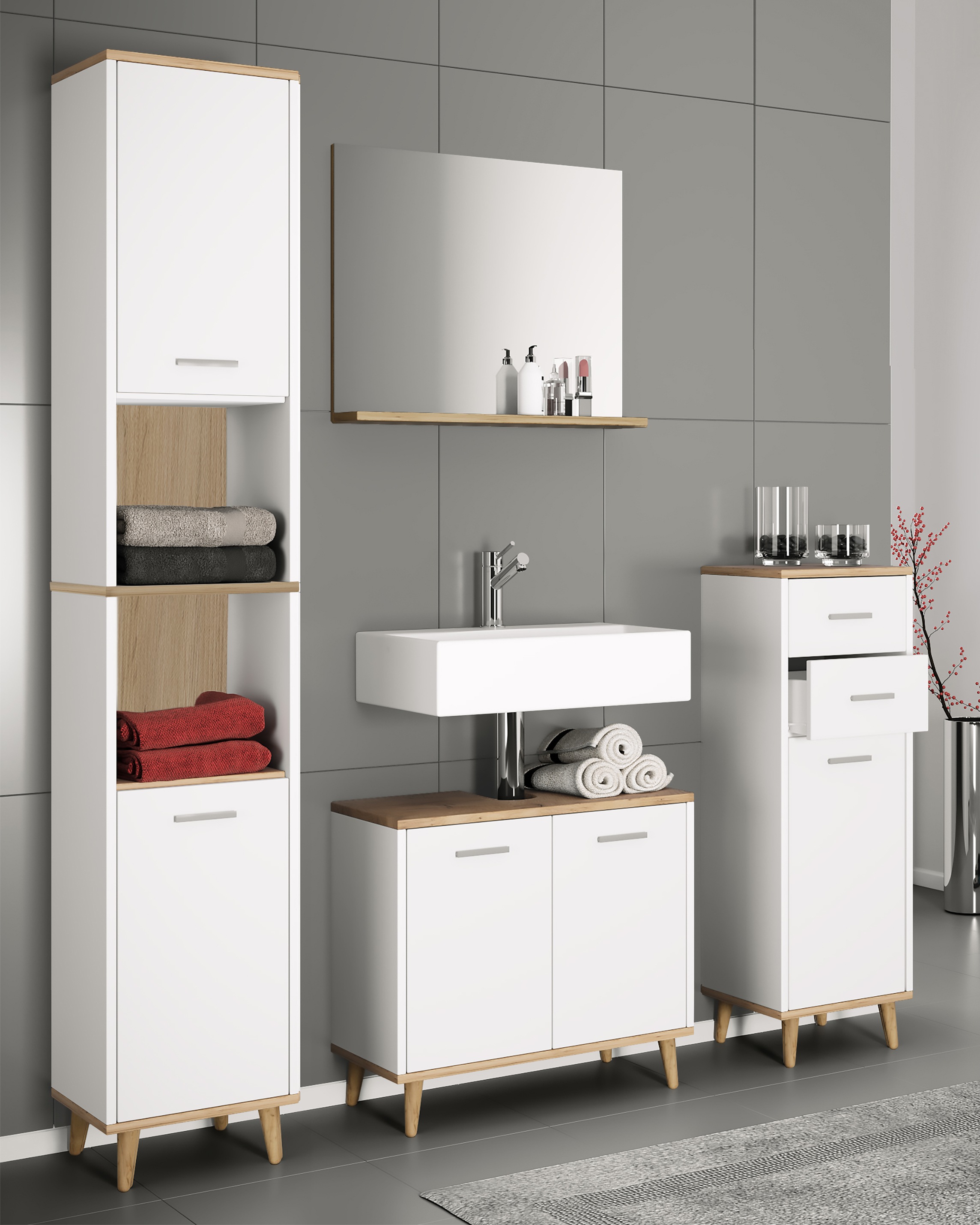 VCM Waschbeckenunterschrank »VCM 4-tlg. Badmöbelset | Badmöbel | Set aus Unterschrank, Midischrank, Hochschrank und Spiegel | Badezimmermöbel - Landos«, (4 St.)