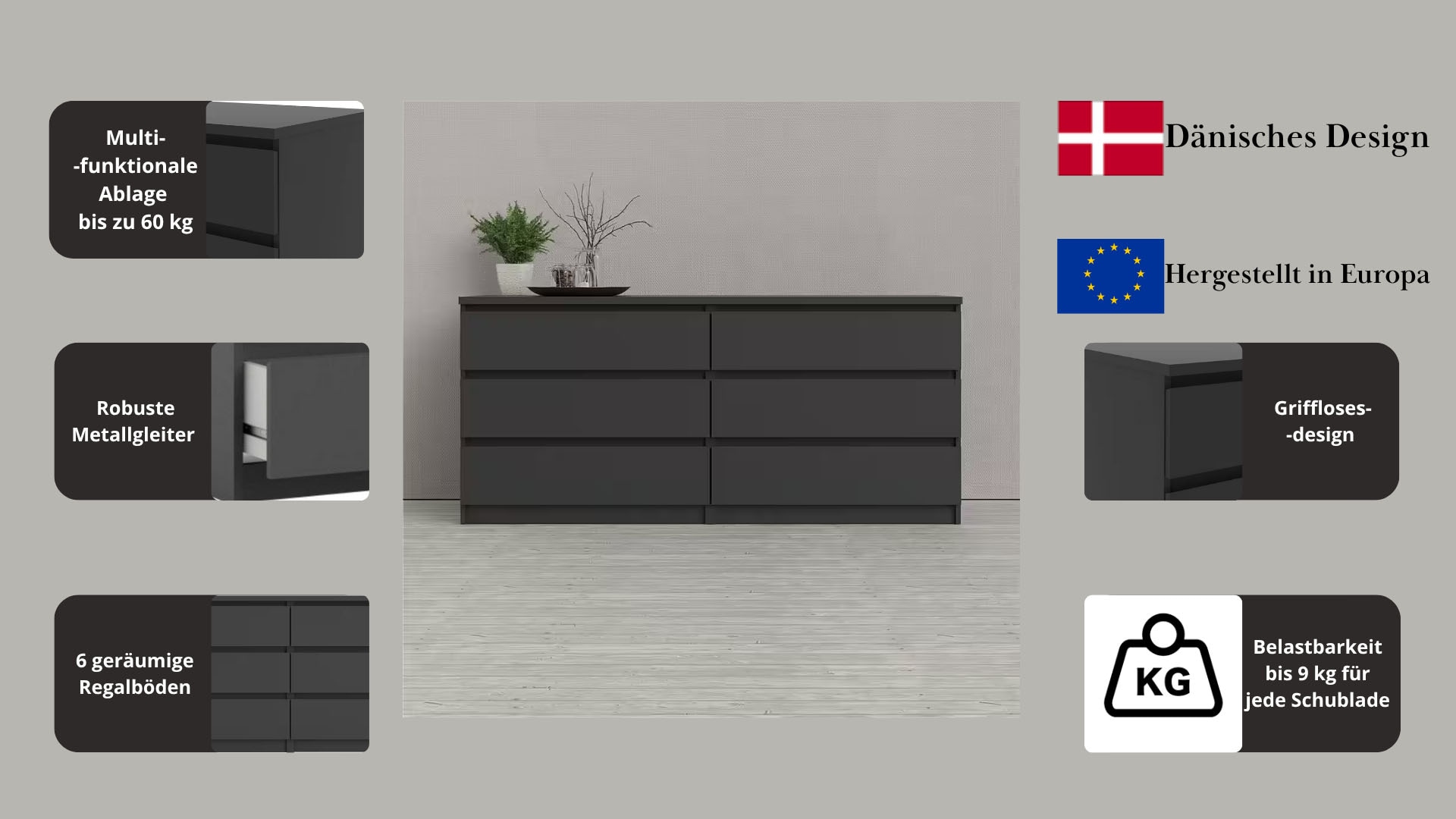 INOSIGN Kommode »Naia, Aufbewahrung, 6 Schubladen, Hochglanz-Optik, grifflose Front«, Modern, skandinavisches Design, in mehrere Farben, Metallgleiter