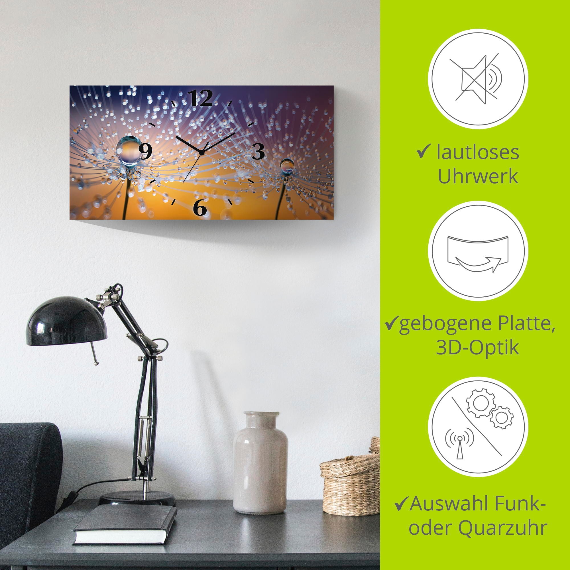 Artland Wanduhr »Pusteblumen Tautropfen«, 3D Optik gebogen, mit Quarz- oder Funkuhrwerk, versch. Größen