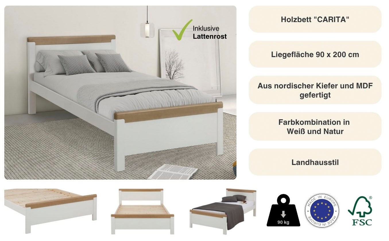 OTTO home Holzbett »"CARITA"« mit praktischem Rollrost, aus massivem Kiefernholz