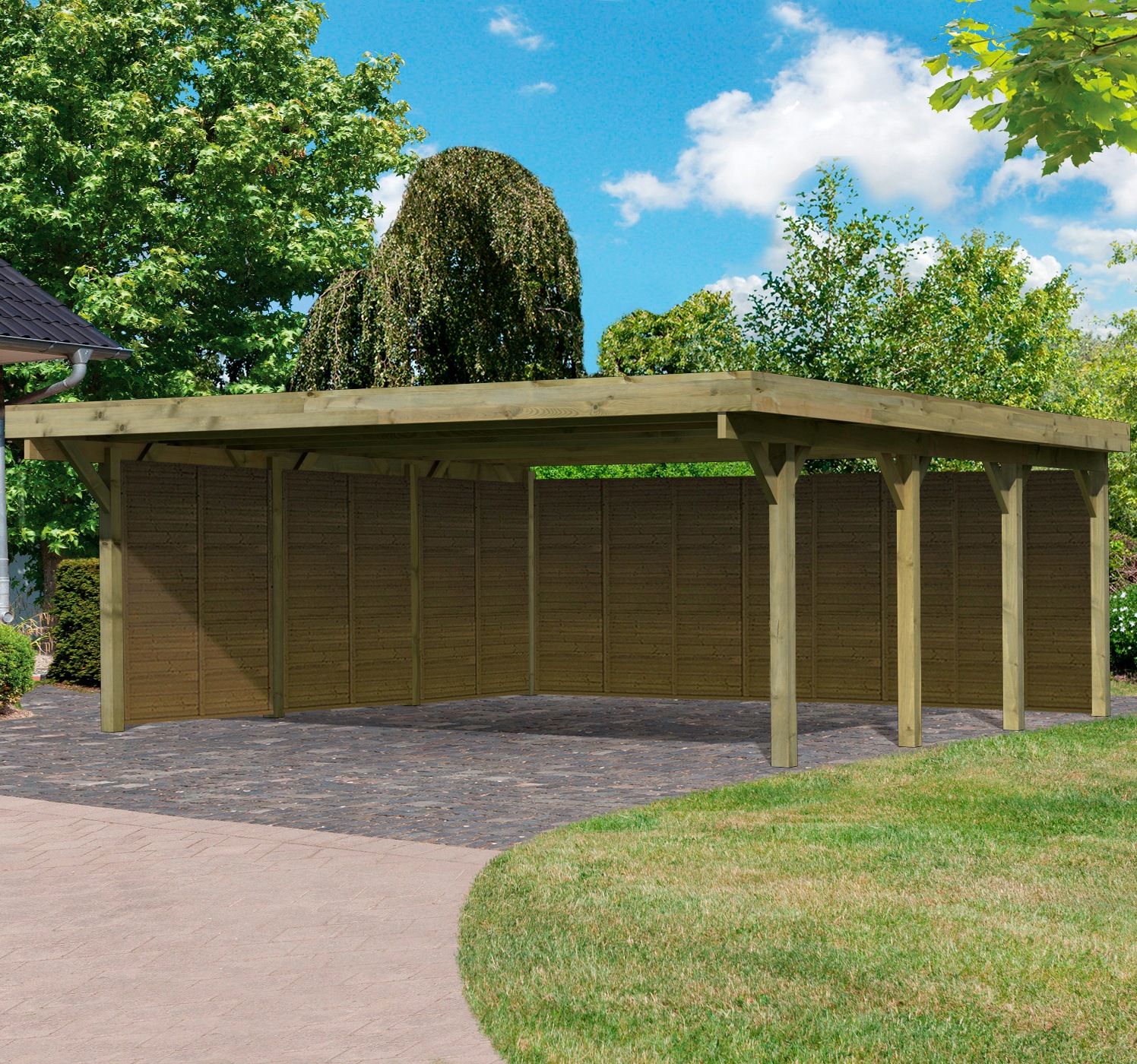 Karibu Doppelcarport »Classic 2«, Holz, 540 cm, braun, mit Rückwand und 3 Seitenwänden