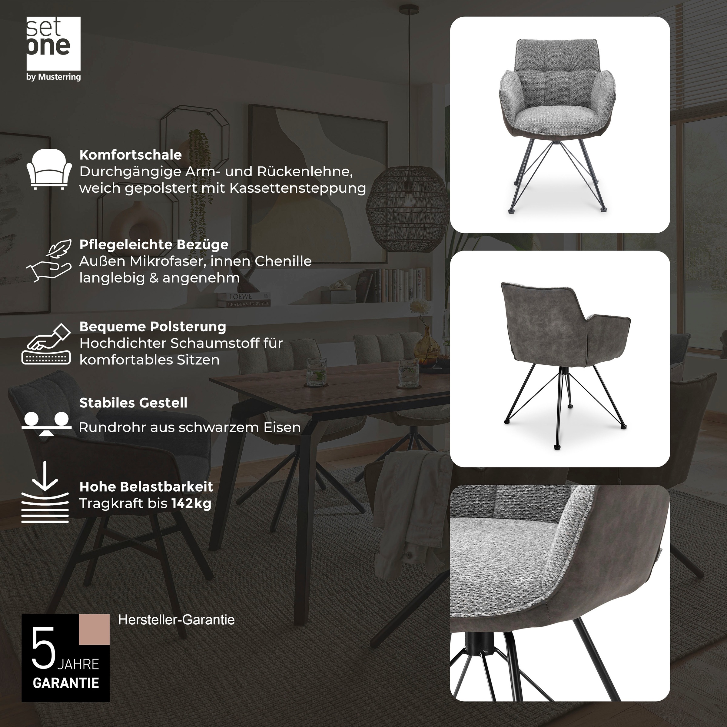 set one by Musterring Esszimmerstuhl »Frisco-B«, (Set), 2 St., Microfaser-Chenille, Bezug innen Chenille und außen Microfaser, Design-Gestell schwarz