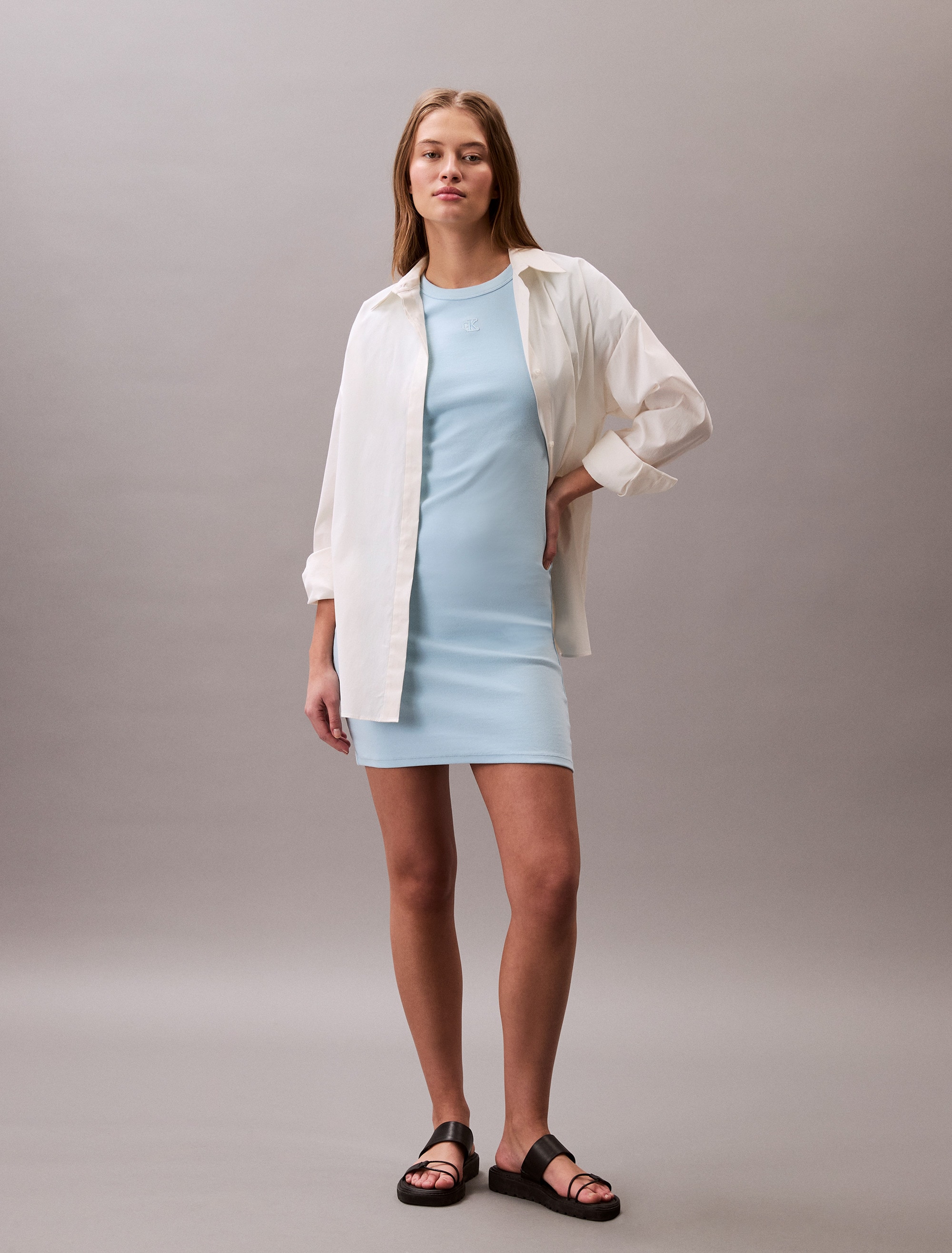 Calvin Klein Jeans Jerseykleid »SS CTN CNTR 1X1 RB S« Ohne Taschen Mit Rundhalsausschnitt