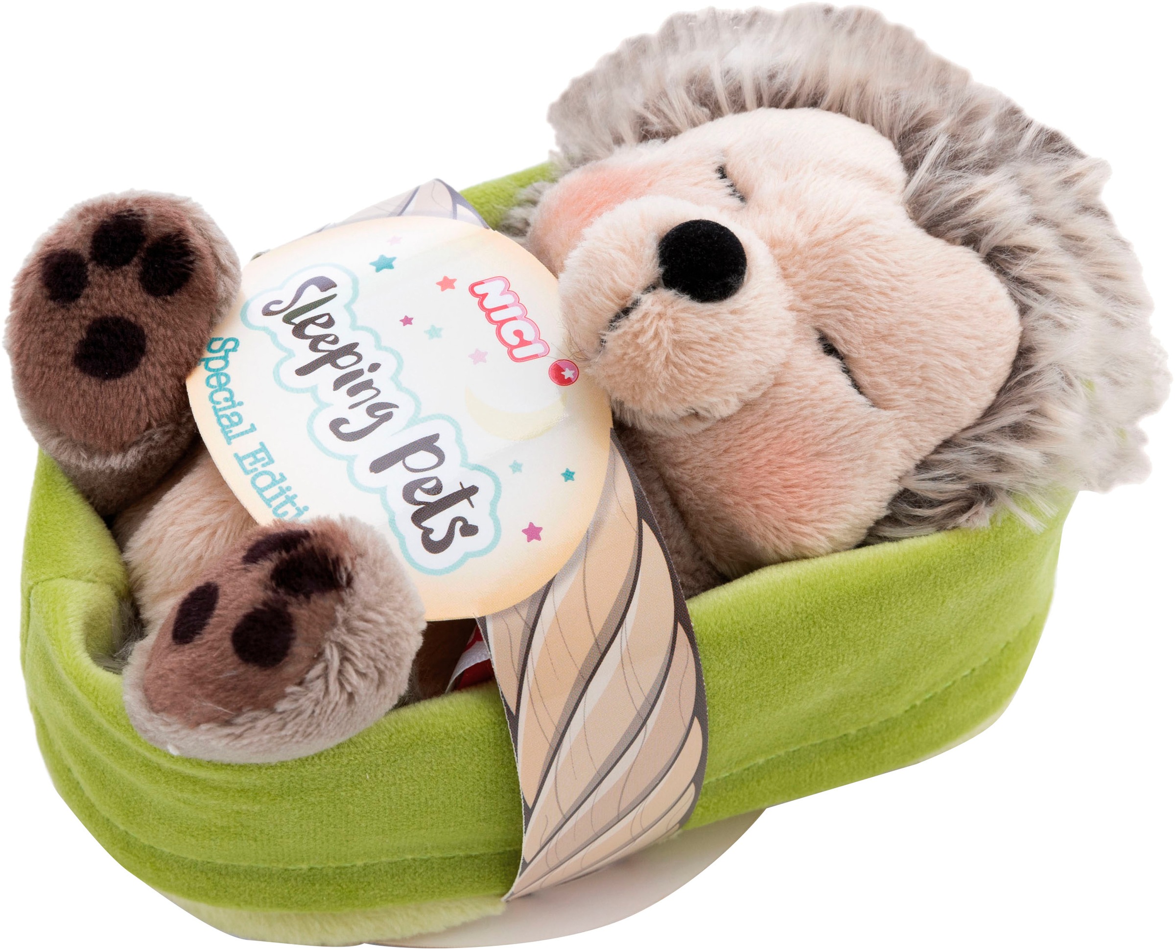 Nici Kuscheltier »Sleeping Pets GREEN, Igel mit Fliegenpilz 12 cm hellgrün«, schlafend im Körbchen