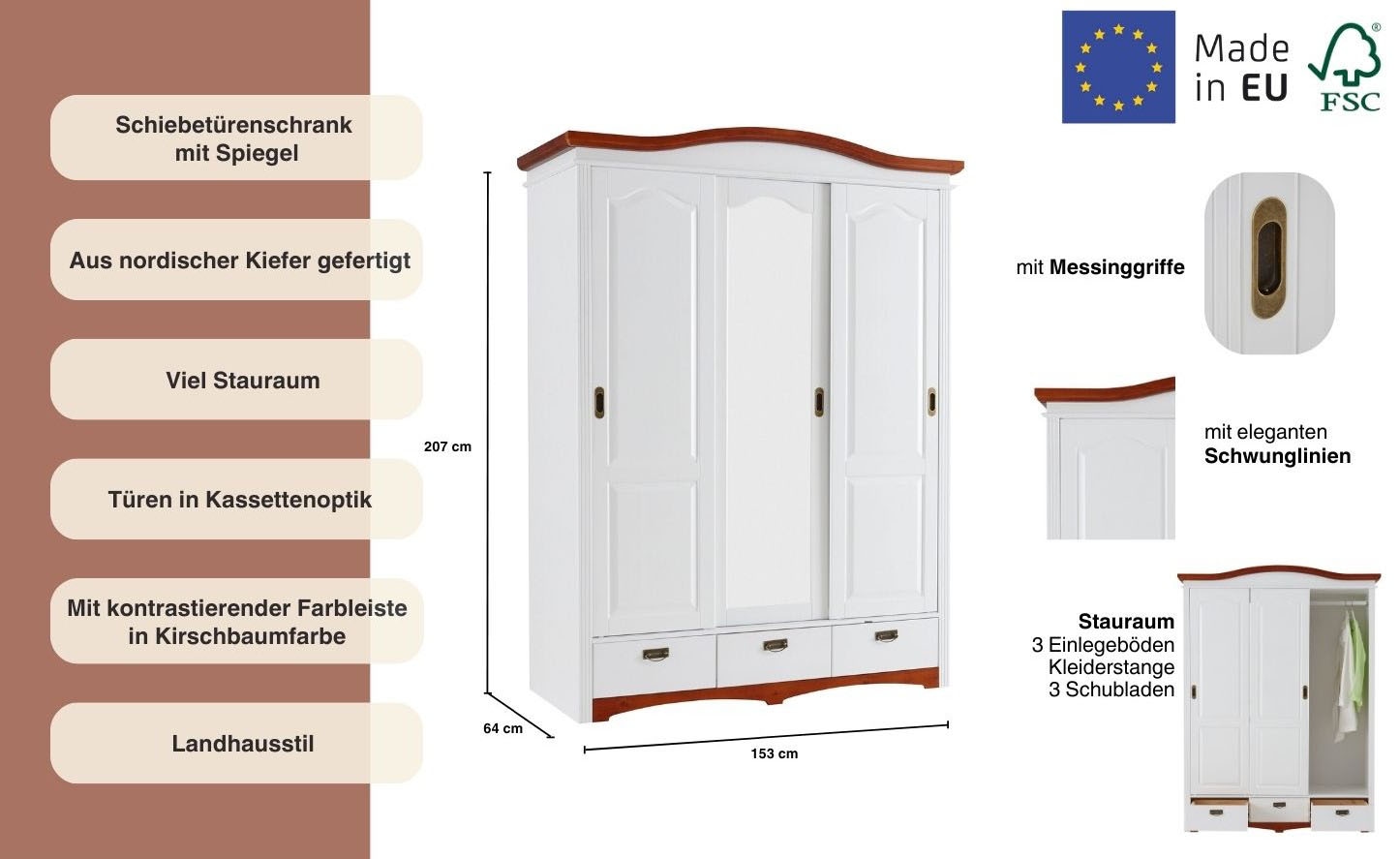 Home affaire Schiebetürenschrank »Konrad, Landhausstil, rustikal, mit Schubladen + Spiegel, Kassetten«, (3 Breiten: 153/202/249 cm H/T ca.207/64 cm), massive Kiefer, FSC®-zertifiziert, Messinggriffe, mehrere Varianten