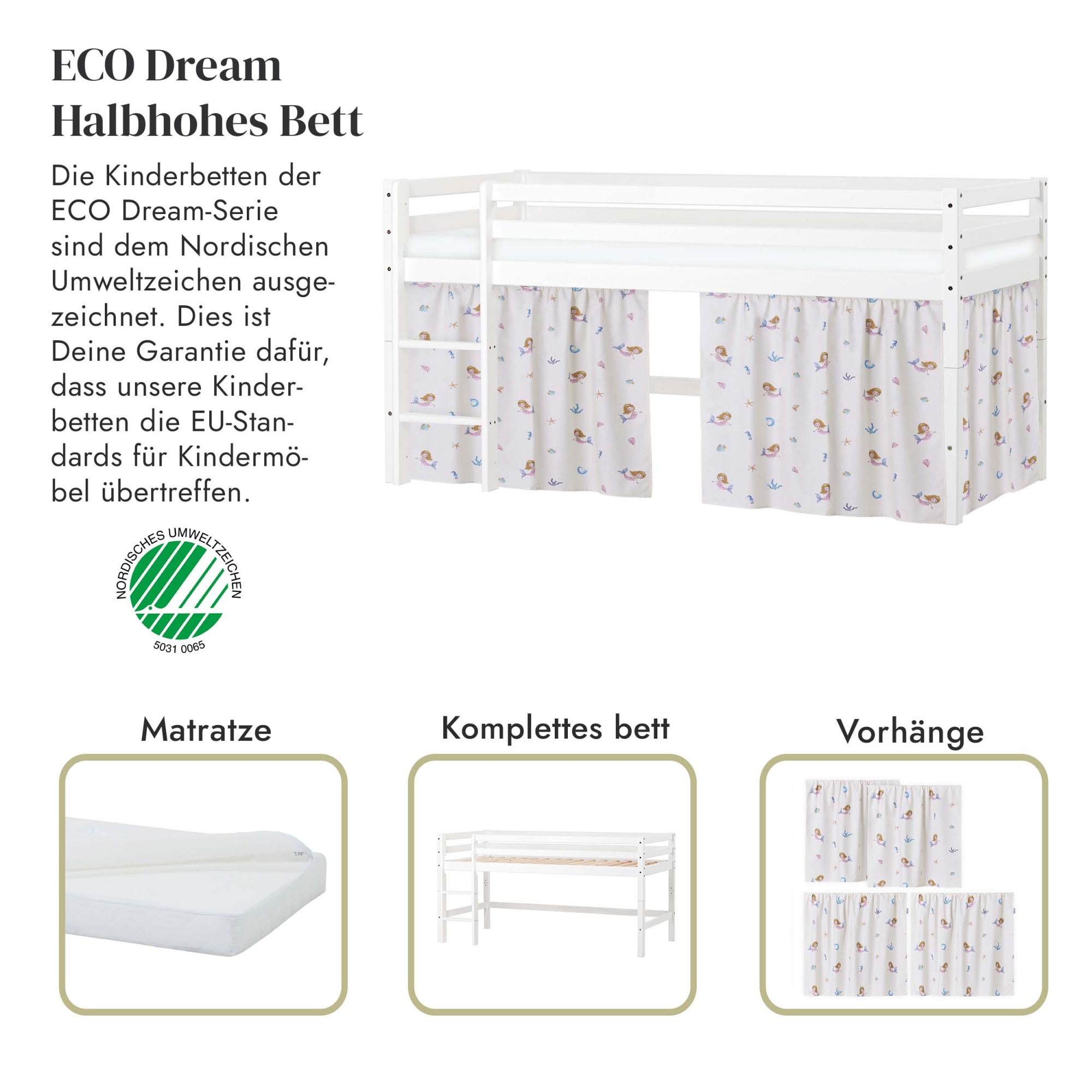 Hoppekids Spielbett »ECO Dream, Hochbett, in 2 Einzelbetten teilbar«, Massivholzbett mit Meerjungfrau-Vorhang, Matratze & 2 Größen wählbar