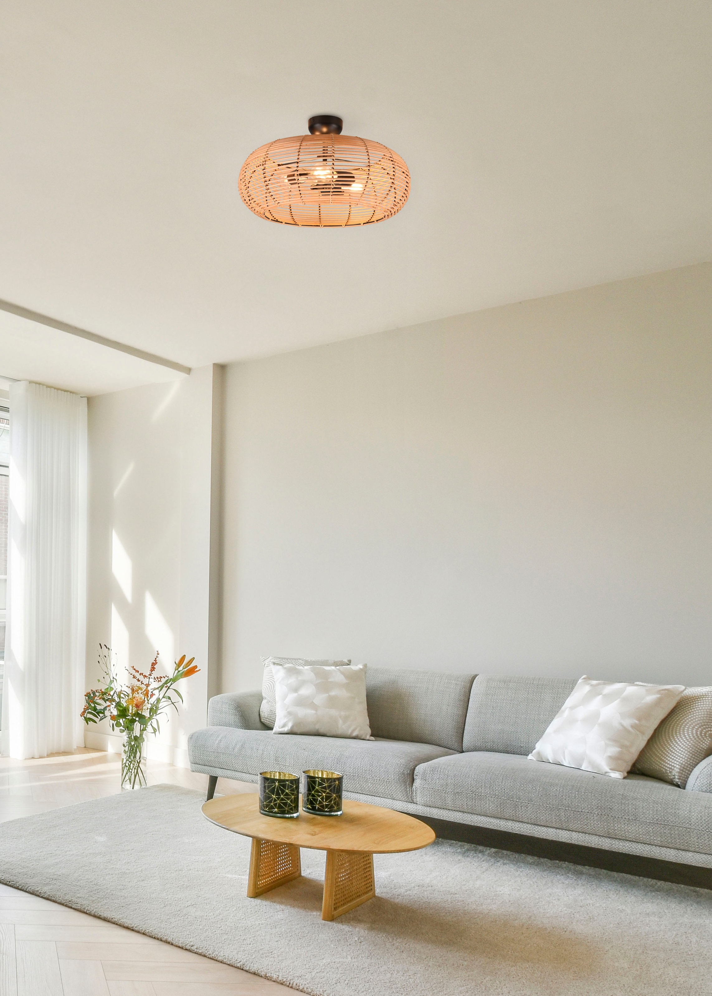 TRIO Leuchten Deckenleuchte »Inga«, 3 flammig, Leuchtmittel E27 | ohne Leuchtmittel, Deckenlampe aus Rattan in Korbgeflecht Optik, exkl 3xE27 Ø 50cm