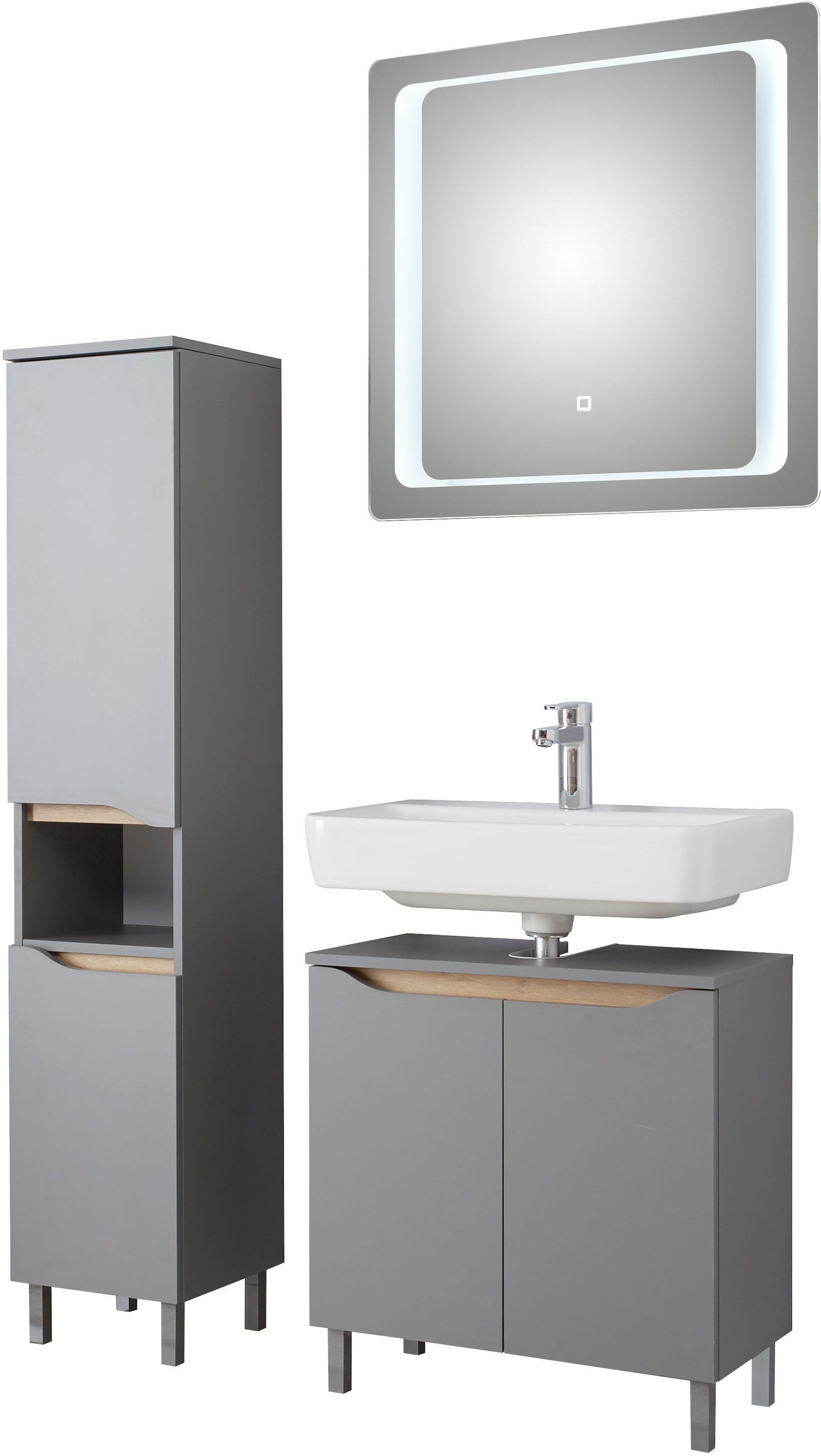 Saphir Badmöbel-Set »Quickset 3-teilig, Waschbeckenunterschrank mit LED-Spiegel« 3 Stk. tlg.