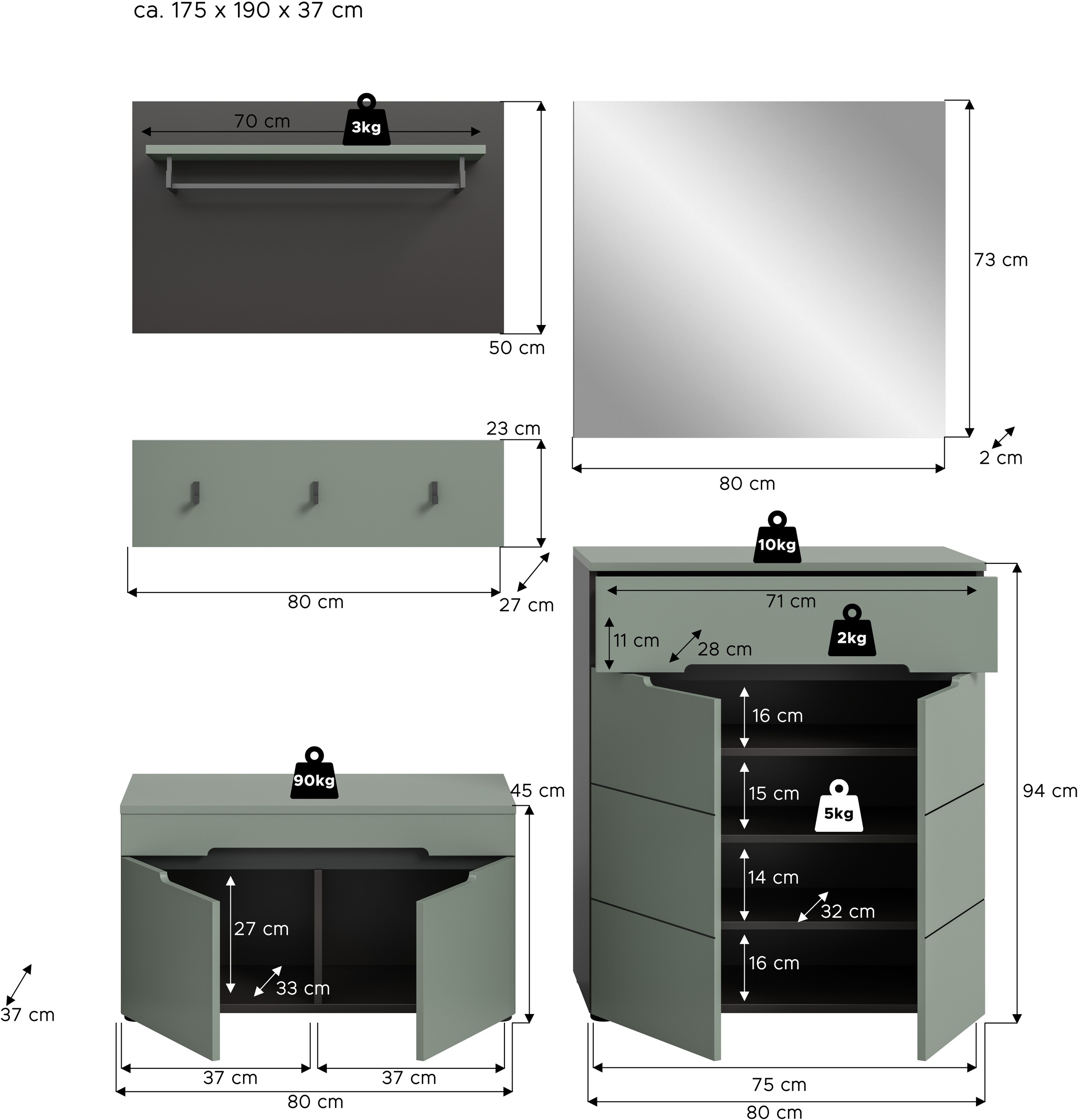 Home affaire Garderoben-Set »REHAT, TOPSELLER!, 5-teilig, Breite 175cm, individuell stellbar« bestehend aus: Sitzbank, Paneel, Hakenleiste, Spiegel, Kommode, 4 Stk. tlg.
