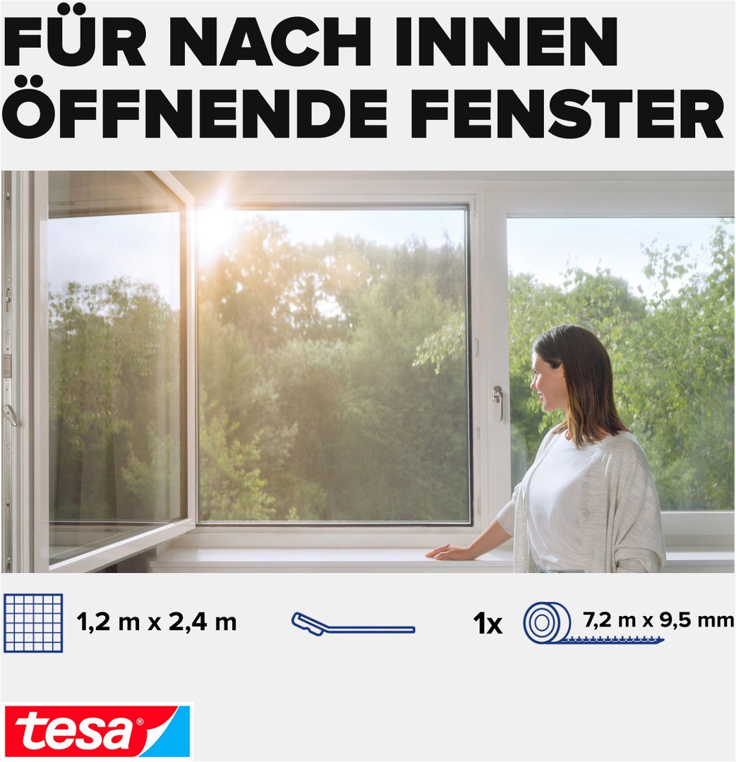 tesa Insektenschutz-Fensterrahmen »Pollenschutzgitter für Fenster - 1,2m x 2,4m« Packung, Fliegennetz, Klettband, 1 Stk. tlg. Pollenschutzgitter - ohne Bohren- zuschneidbar -anthrazit