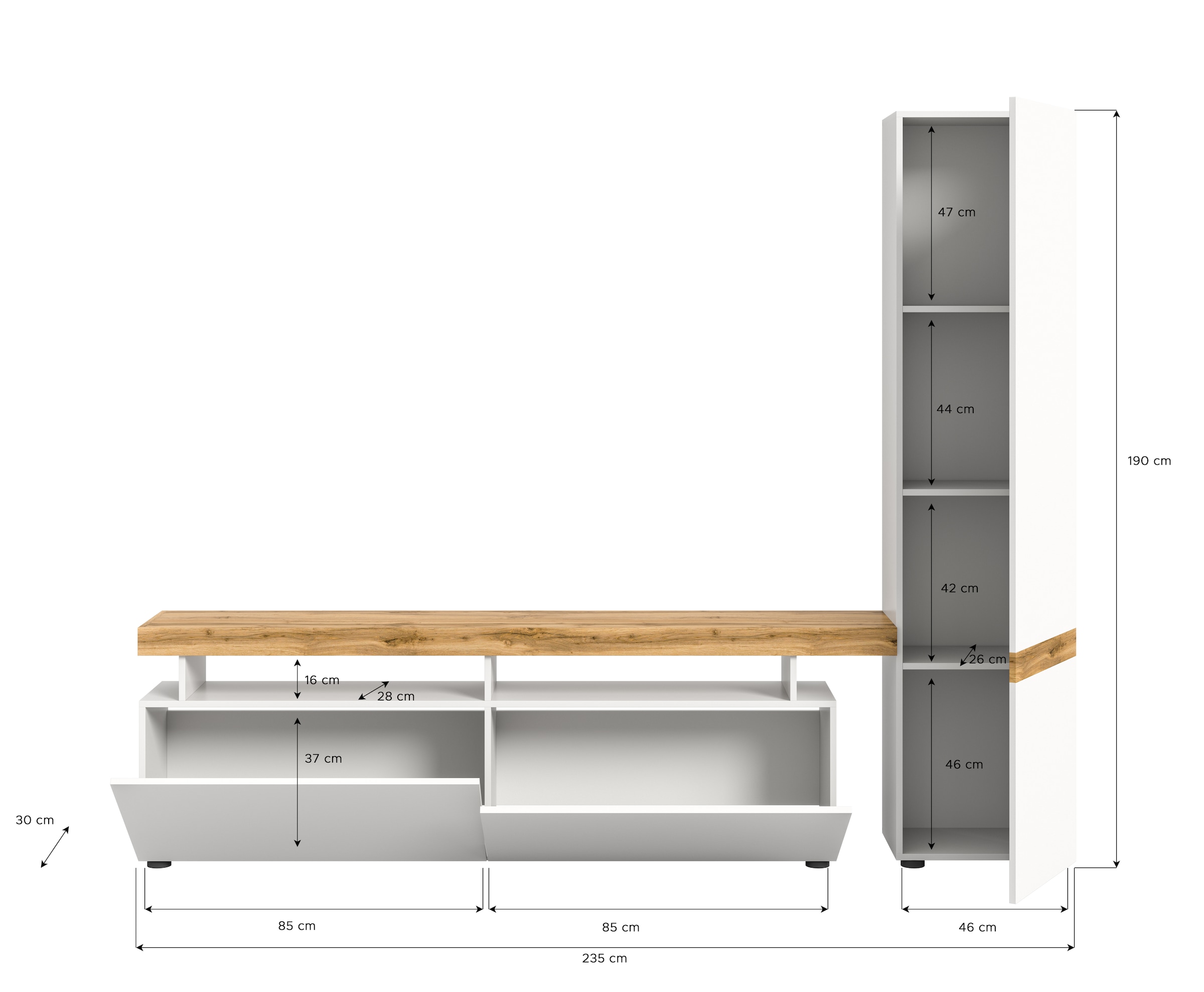 INOSIGN Wohnwand »Mambo, Breite 235cm, 2-farbig, grifflose Fronten, Tür mit push to open«, (2 St.), bestehend aus: Lowboard und Hochschrank, Mediawand, TV-Wand, TV-Möbel